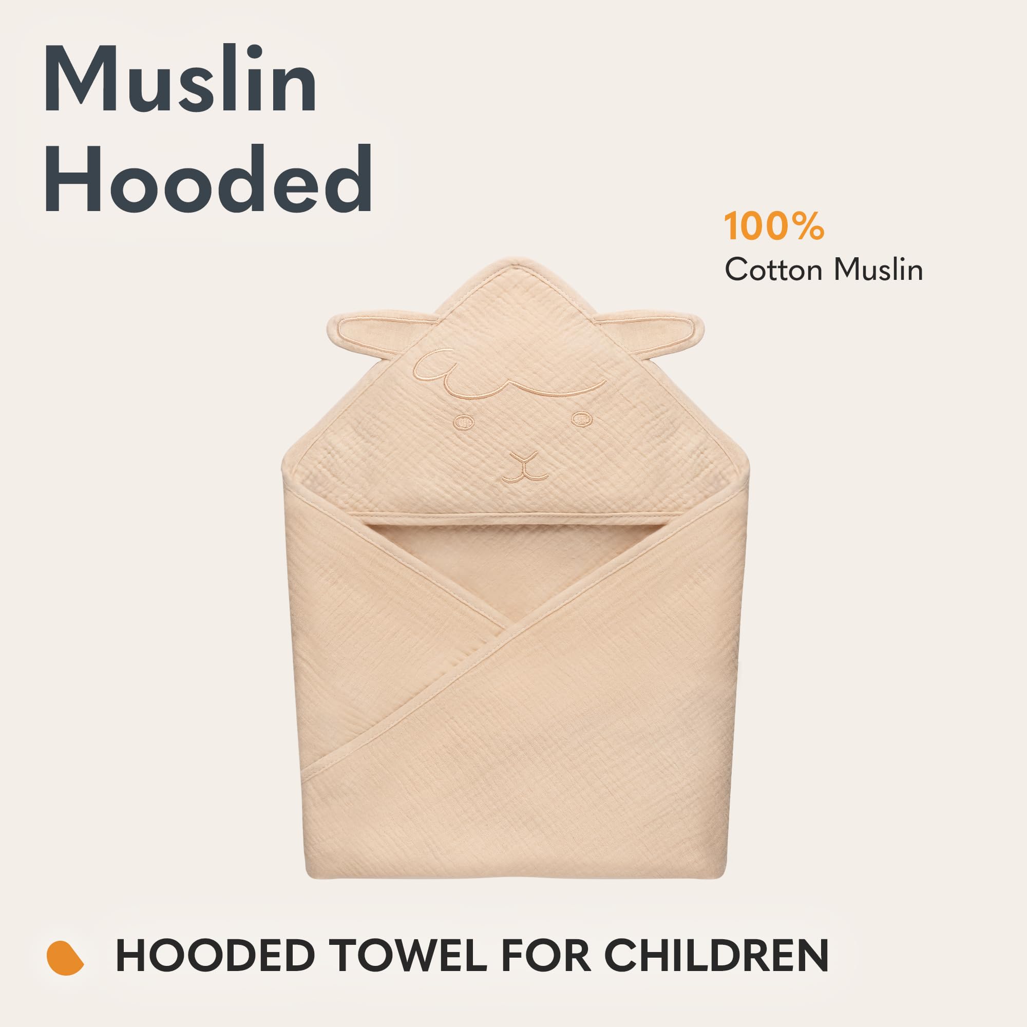 lionelo Baby Hooded Towel 100% Natural Muslin Cotton 80x80cm Absorbent Bath Towel with Hood for Newborns & Toddlers 6 Colours Soft & Breathable - Image 2