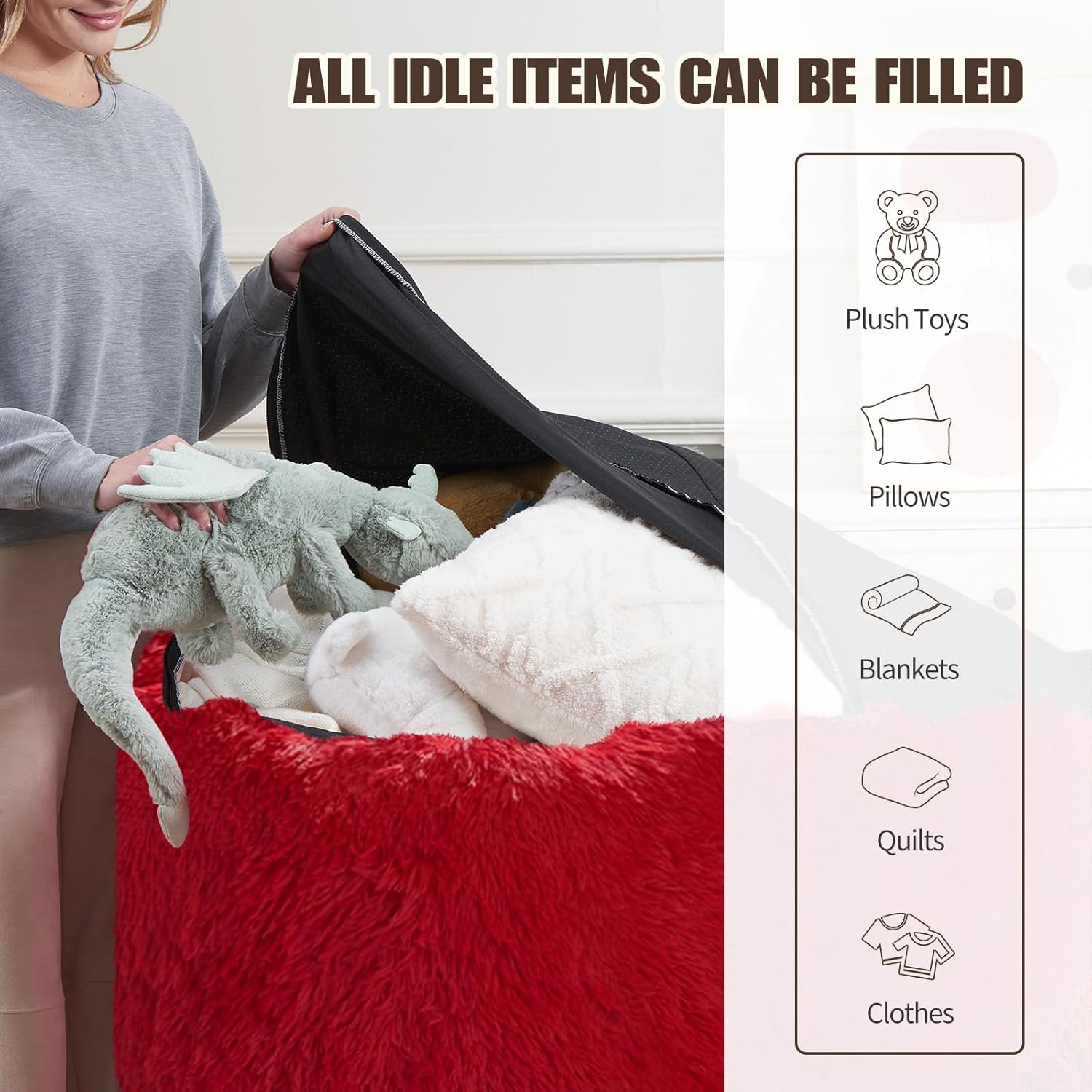 Bean Bag Cover (No Filler), Soft Faux Fur Stuffed Animal Bean Bag Storage, Fluffy Plush Bean Bag Chair Cover Washable, Comfy Bean Bag Covers for Adults Kids Teens, 38"x40" Red