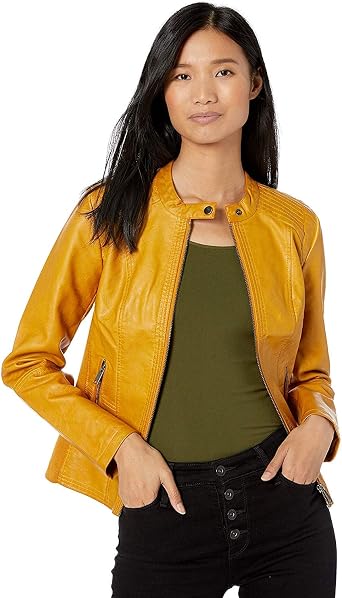 Sebby Collection Womens Faux Leather Jacket with Moto Details and Front Zip Pockets