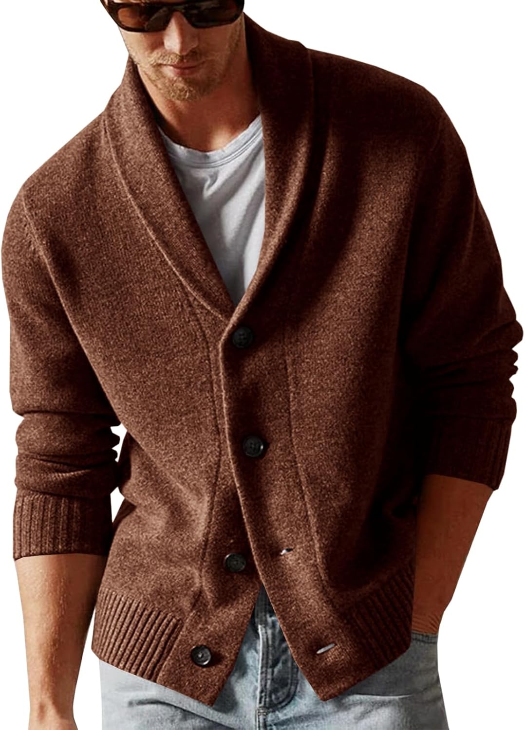 Runcati Mens Shawl Collar Cardigan Sweater Casual Button Down Winter Ribbed Chunky Knitted Sweaters