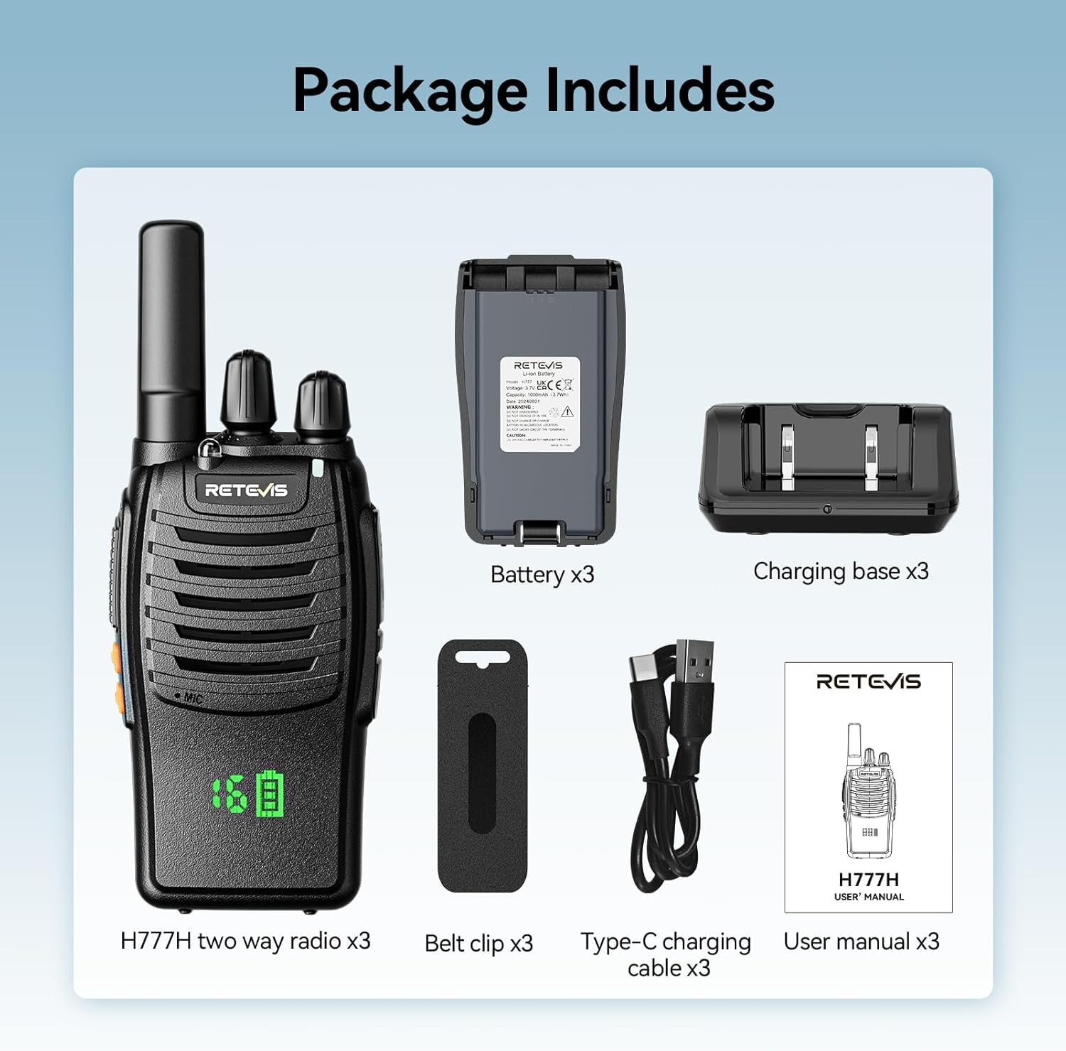 Retevis H777H Walkie Talkies for Adults, Two Way Radio with Screen, Rechargeable USB-C 2 Way Radio, Hands Free Walkie Talkies, Emergency Radio Camping Accessories for Outdoor, Hiking (Black, 3 Pcs) — view 7