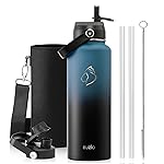 BUZIO Water Bottle with Straw Lid and Flex Cap, 40oz Double Vacuum Stainless Steel Water Flask, Cold for 48 Hrs Hot for 24 Hrs Simple Thermo Canteen Mug, Indigo Black