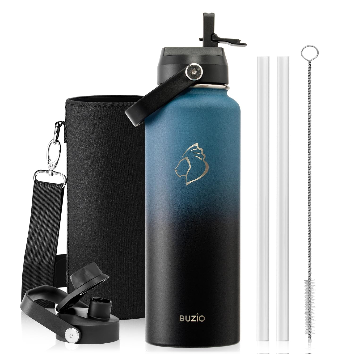 BUZIO Water Bottle with Straw Lid and Flex Cap, 40oz Modern Double Vacuum Stainless Steel Water Flask, Cold for 48 Hrs Hot for 24 Hrs Simple Thermo Canteen Mug, Indigo Black