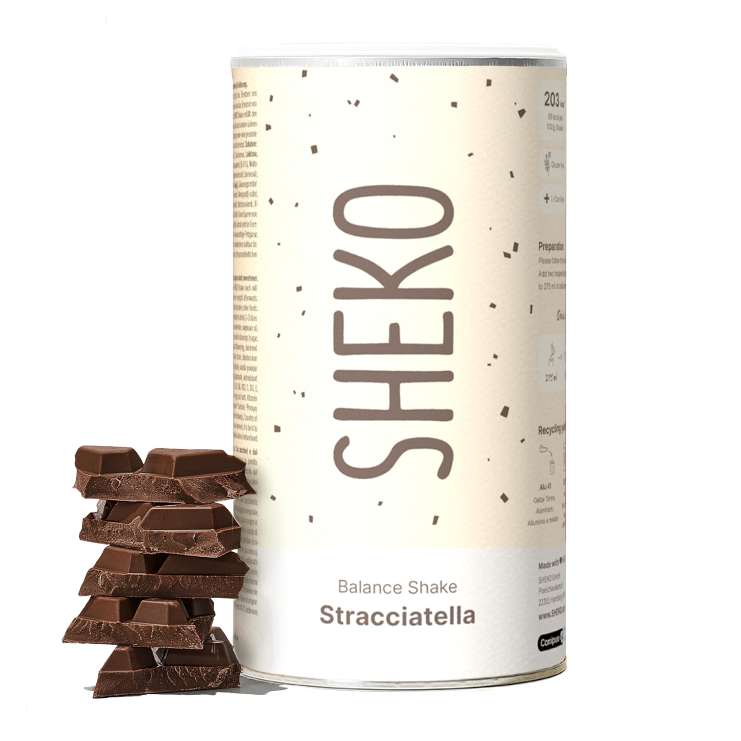 SHEKO Batido Sustitutivo | Stracciatella | Adelgazar y Control de Peso | 21 Raciones | Rico en Proteína y Saciante (378 g) | Bajo en Carbohidratos| Preparación Rápida, Saludable y Sin Grumos