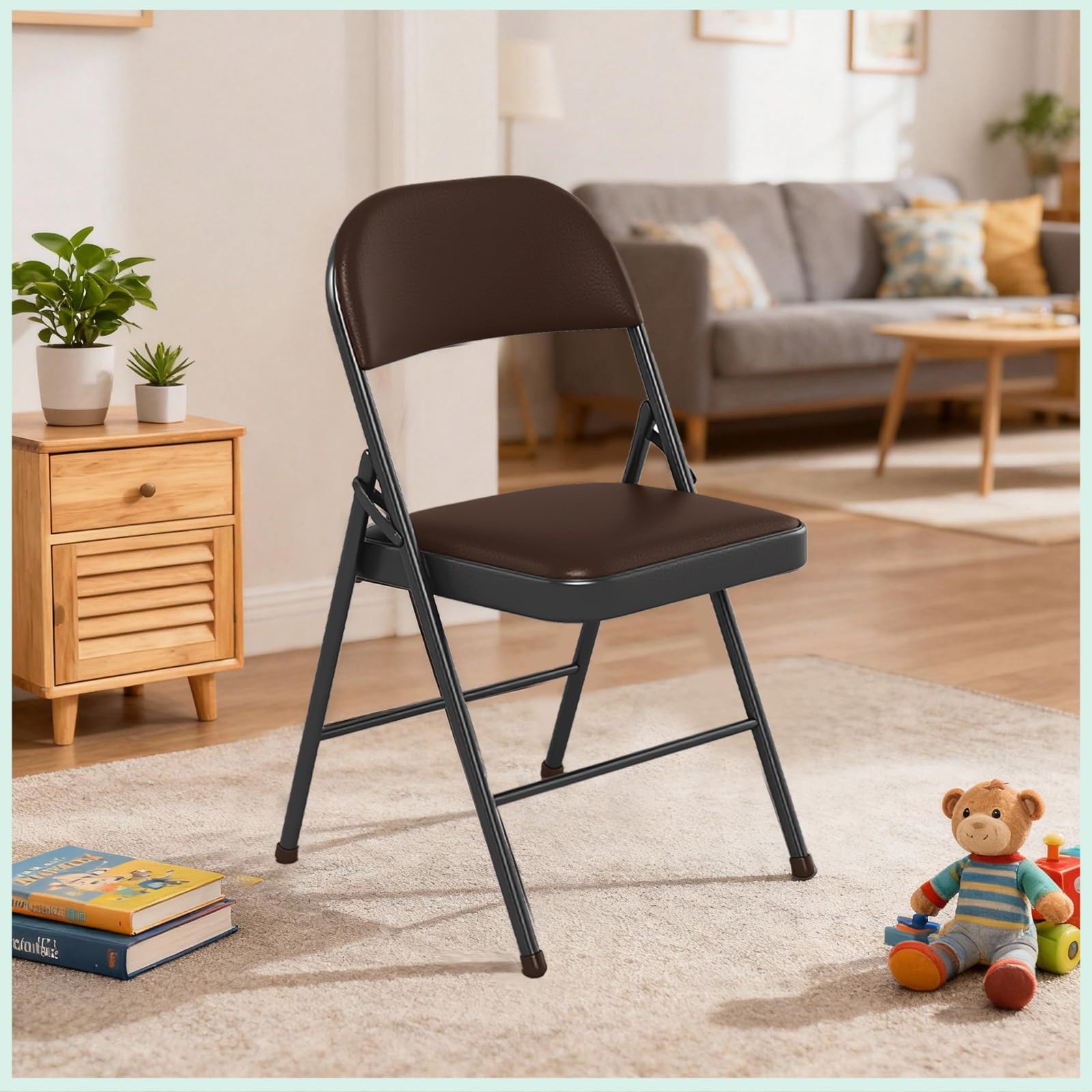 Chaise Pliante en Cuir PU Rembourrée, Cadre en Métal Solide, Légère et Compacte, pour Bureau, Maison, Événements (6, Marron)