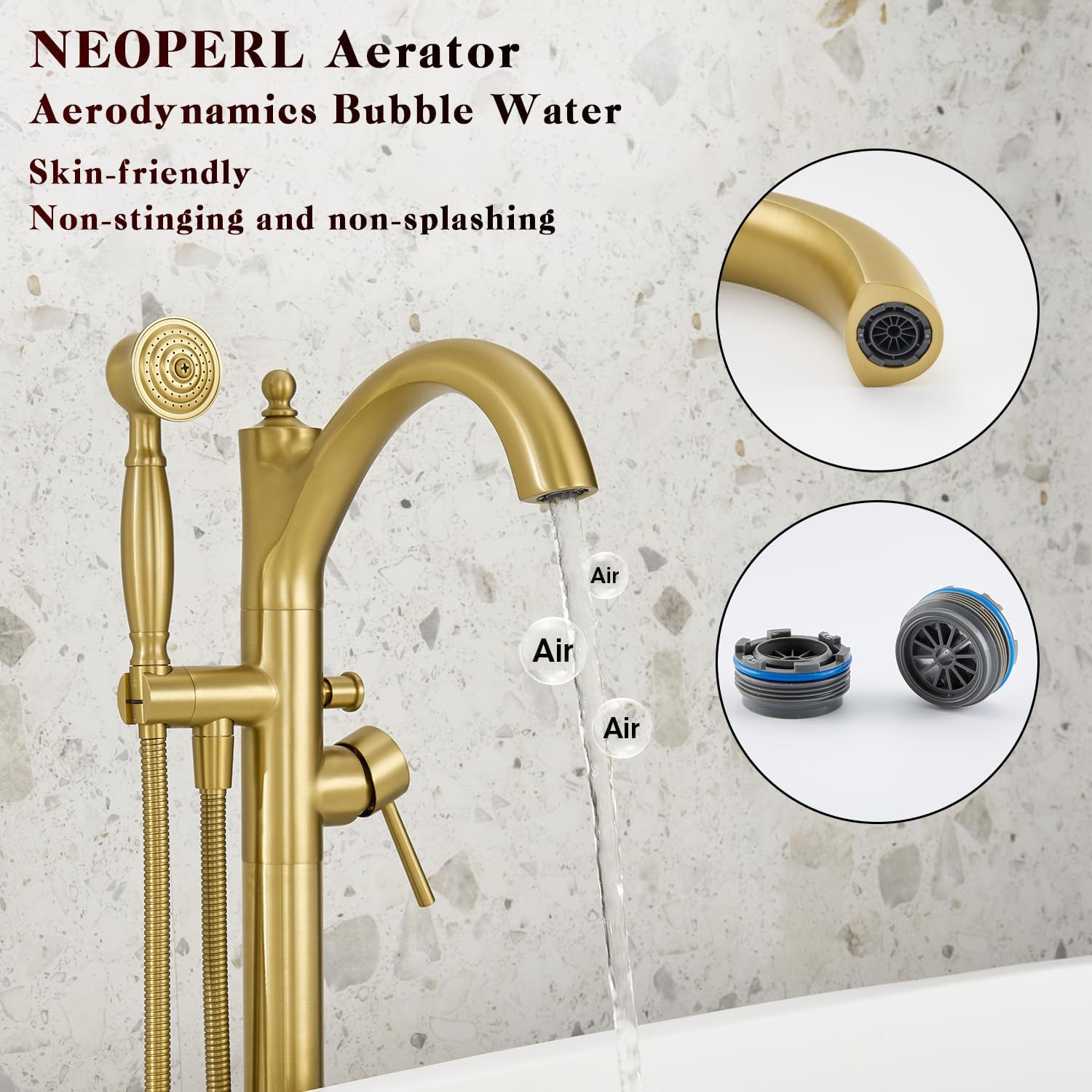 Free Standing Tub Faucet, Brushed Gold Classic Freestanding Bathtub Faucet with Vintage Hand Shower Brass High Flow Rate Floor Mount Tub Filler Swivel Spout Roman Tub Faucet Set (WT-9002BG) - Image 7