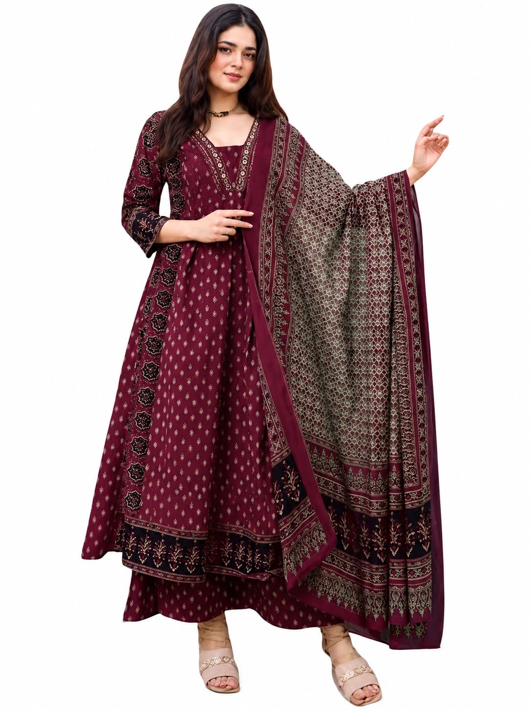 assume fab Women's Blue Viscose Ajrakh Print Anarkali Kurta with Pant & Dupatta Set | Ethnic V-Neck Flared Salwar Suit for Wedding-picture-17