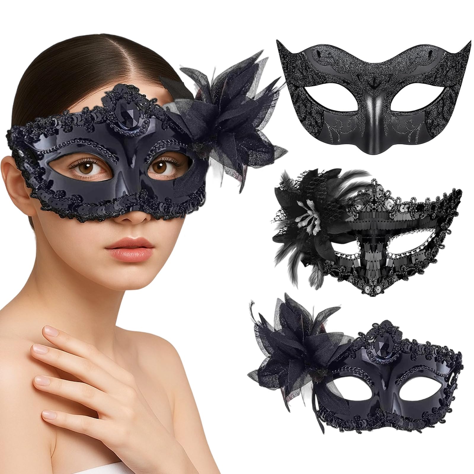 Masquerade Mask for Women, 3 Pack Black Masquerade Masks, Sequins Venetian Party Mask for Halloween Carnival Masquerade Mask, Costume Parties and Themed Events