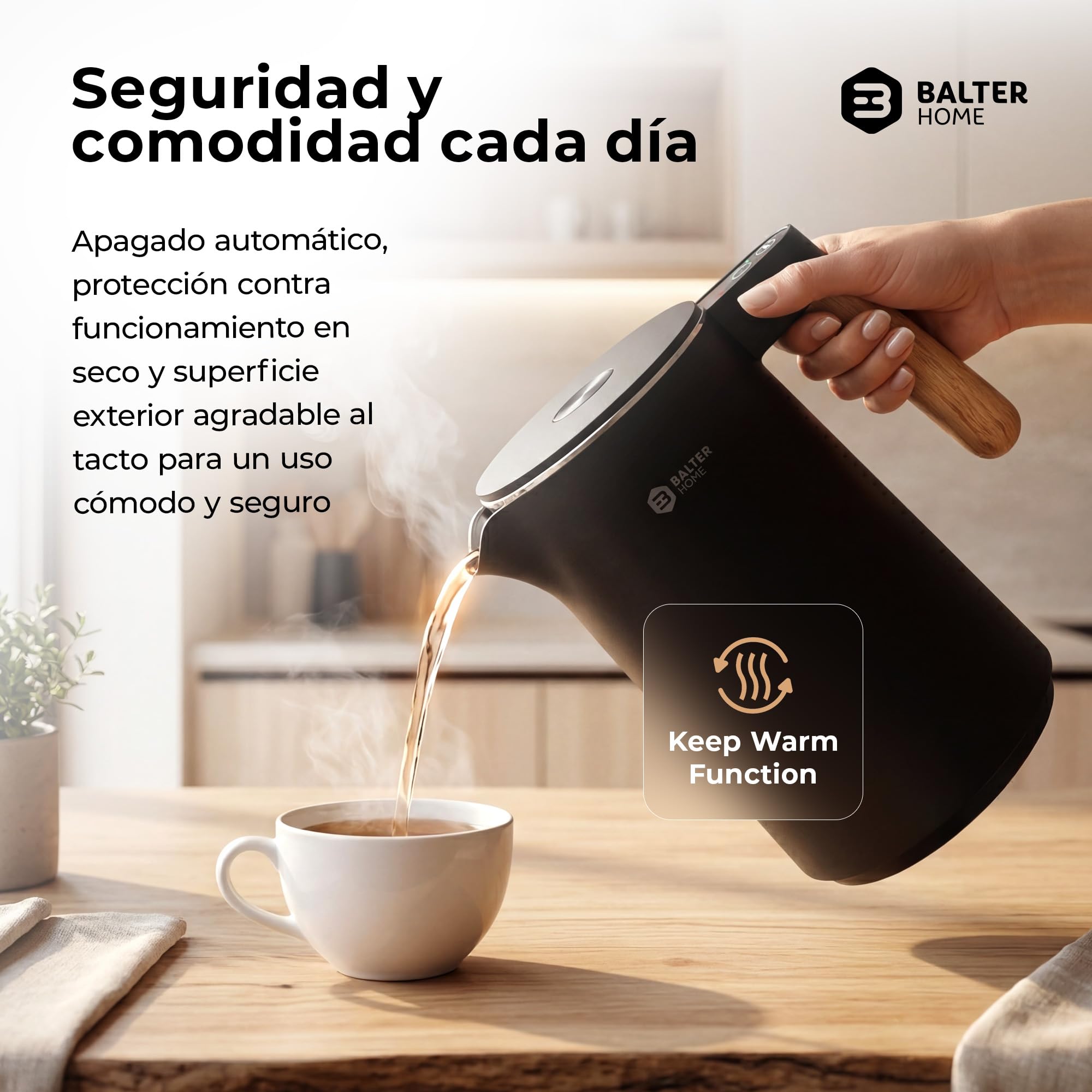 BALTER Hervidor Agua Electrico, regulador de temperatura, 45 °C a 100 °C, acero inoxidable, doble pared, sin BPA, 1,5 l, 2200 W, negro