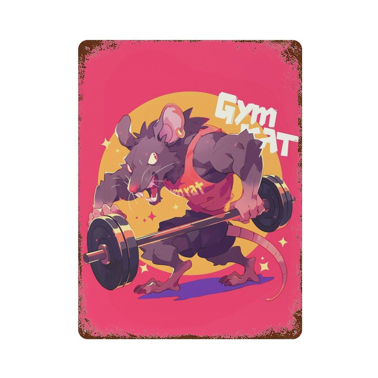 Garage Style Gym Rat Cartoon Illustration Rusty Metal Tin Sign 15.7"x11.8", Decorative Metal Wall Art for Bar And Workshop