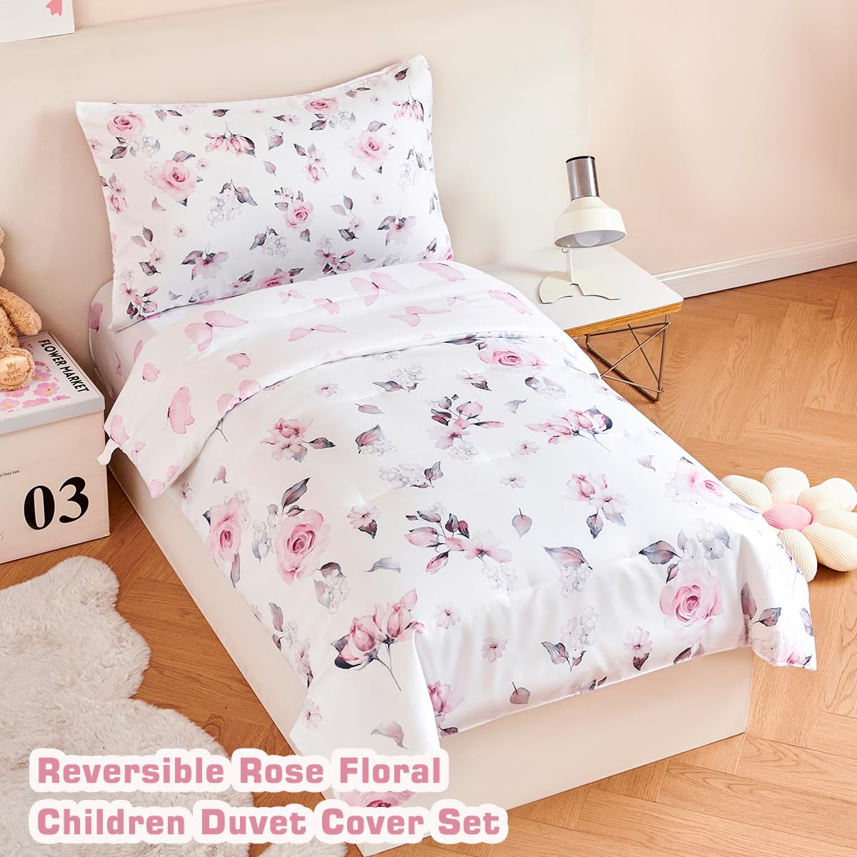 STYHO Girls Double Bedding Sets 3-Pieces Floral Pink Duvet Covers with Pillowcase Soft Reversible Floral Children Duvet Cover Sets for All Seasons(Rose - Image 2