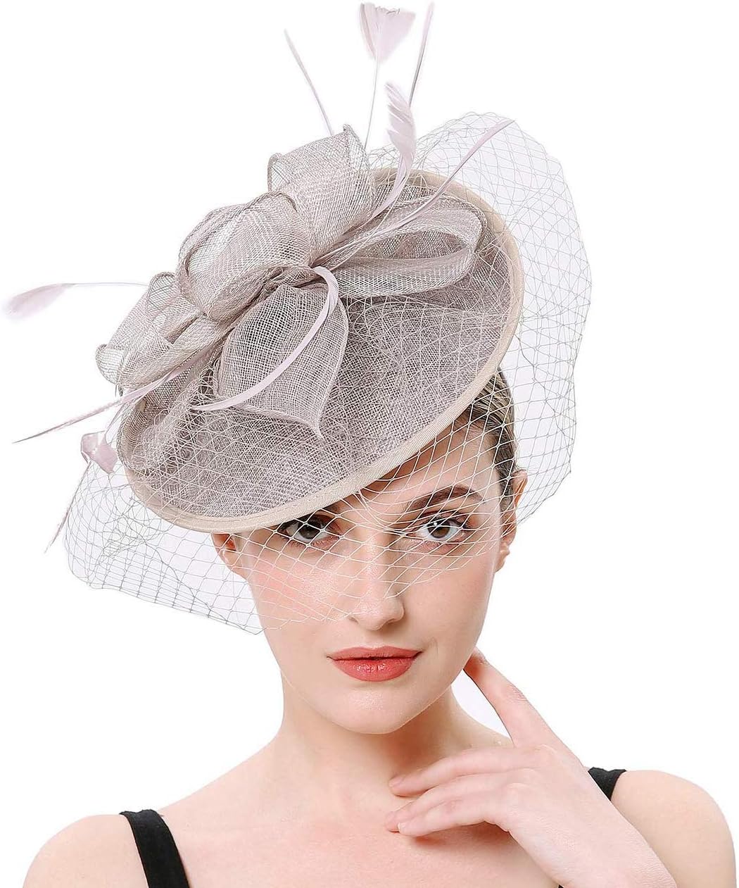 MGDRUFlax Net Face Veil Feather Fascinator for Women Cocktail Tea Party Derby Wedding Fascinators Hat