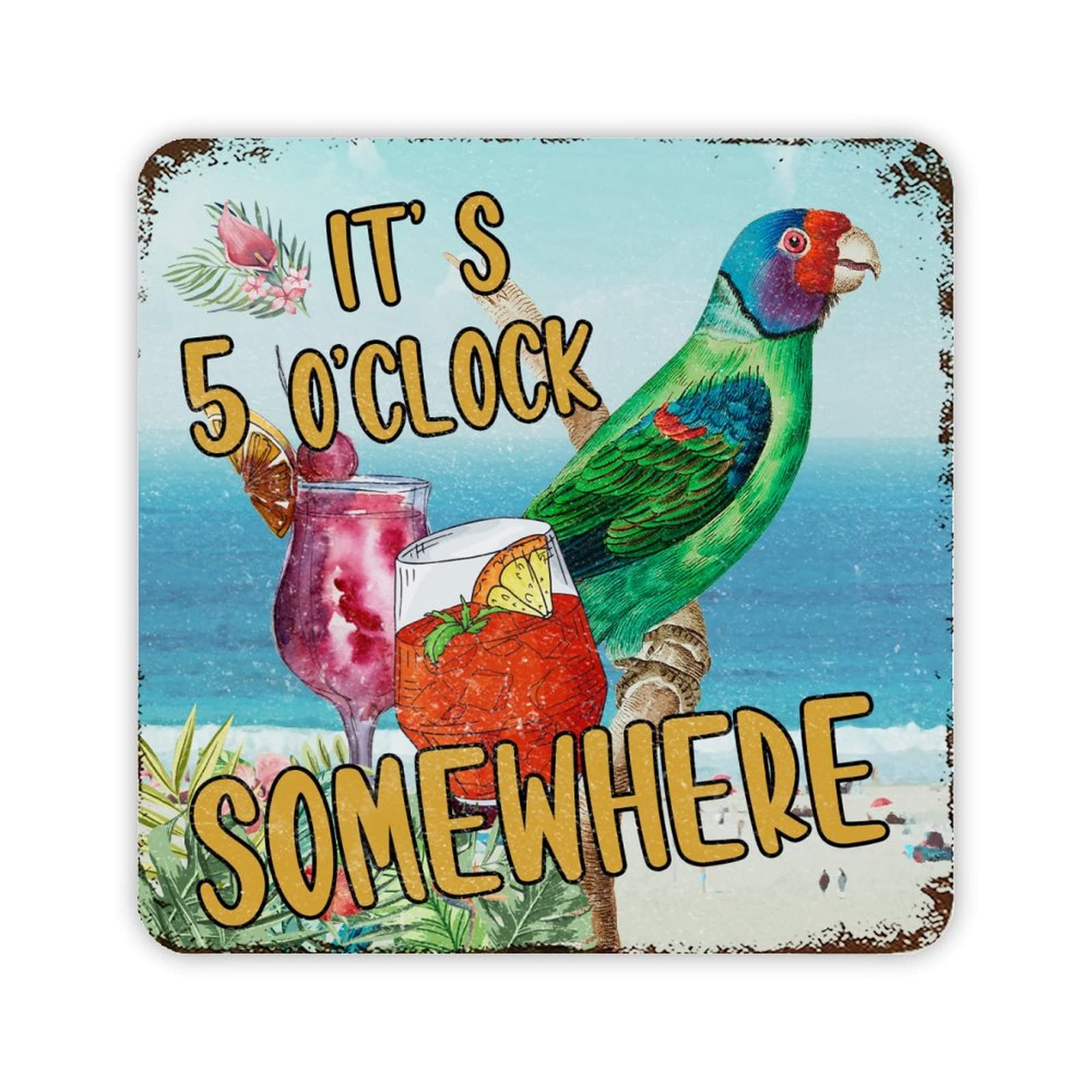 ENEDNATE Tiki Bar Sign It's Five O'clock Somewhere Parrot Metal Tin Sign 12x12 inch Outdoor Happy Hour Pool Beach Hot Tub Rum Time