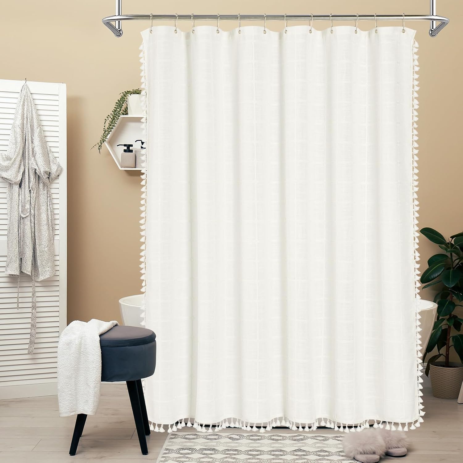 mitovilla modern farmhouse shower curtain set, off white boho cloth shower curtains for country bathroom decor, ivory vintage rustic thick linen fabric shower curtain with tassel, 72 x 72 ivory 72"w x 72"l (pack of 1)