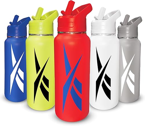 Miniatura 8 de Reebok Botella de agua de acero inoxidable con tapa de popote y diseño atlético, 32 onzas, botella de agua deportiva aislada al vacío de doble pared