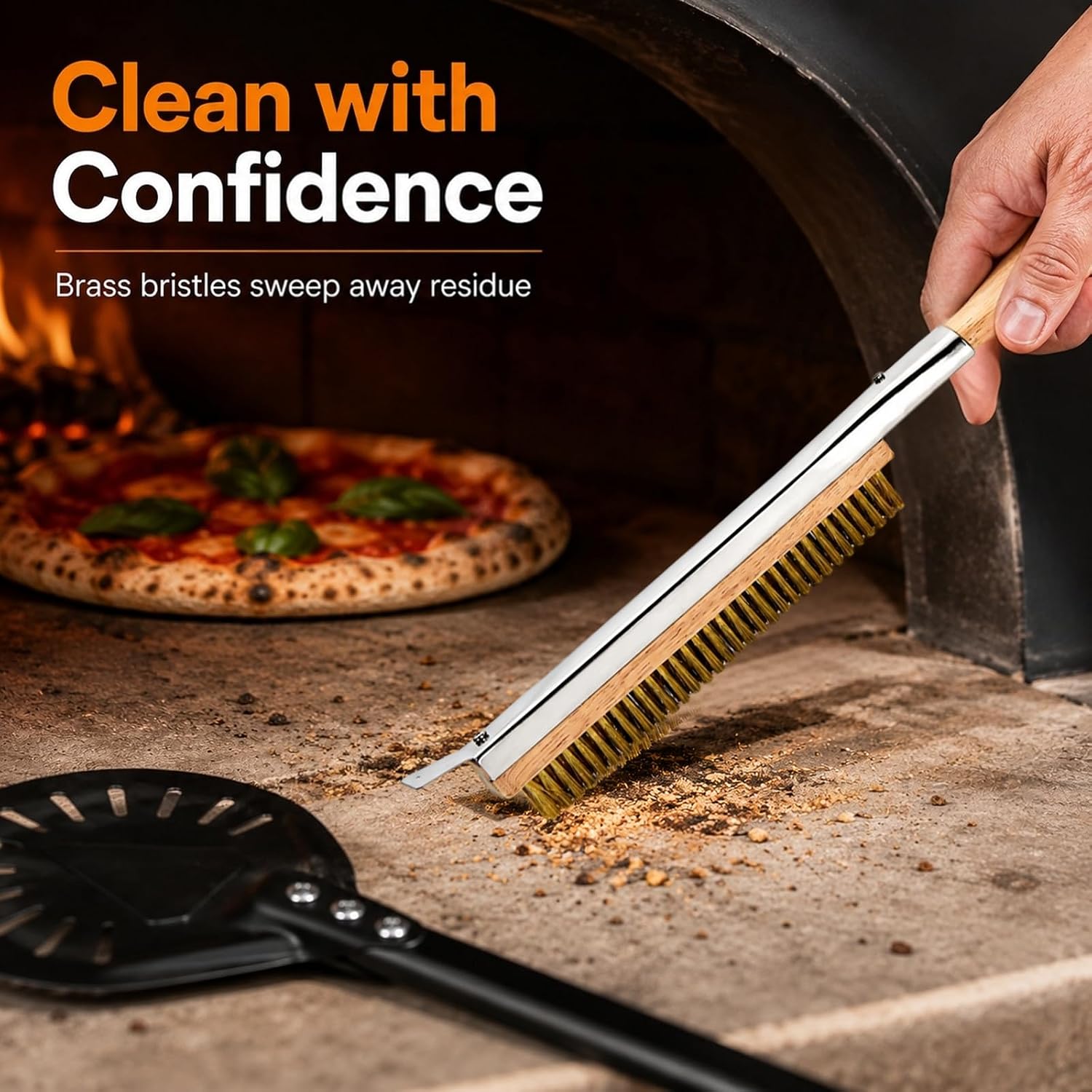 2 Pack Pizza Oven Accessories Kit with Pizza Turning Peel & Wire Cleaning Brush, Perforated Aluminum Pizza Peel with Long Handle and Cleaning Tools for Indoor Outdoor Ovens
