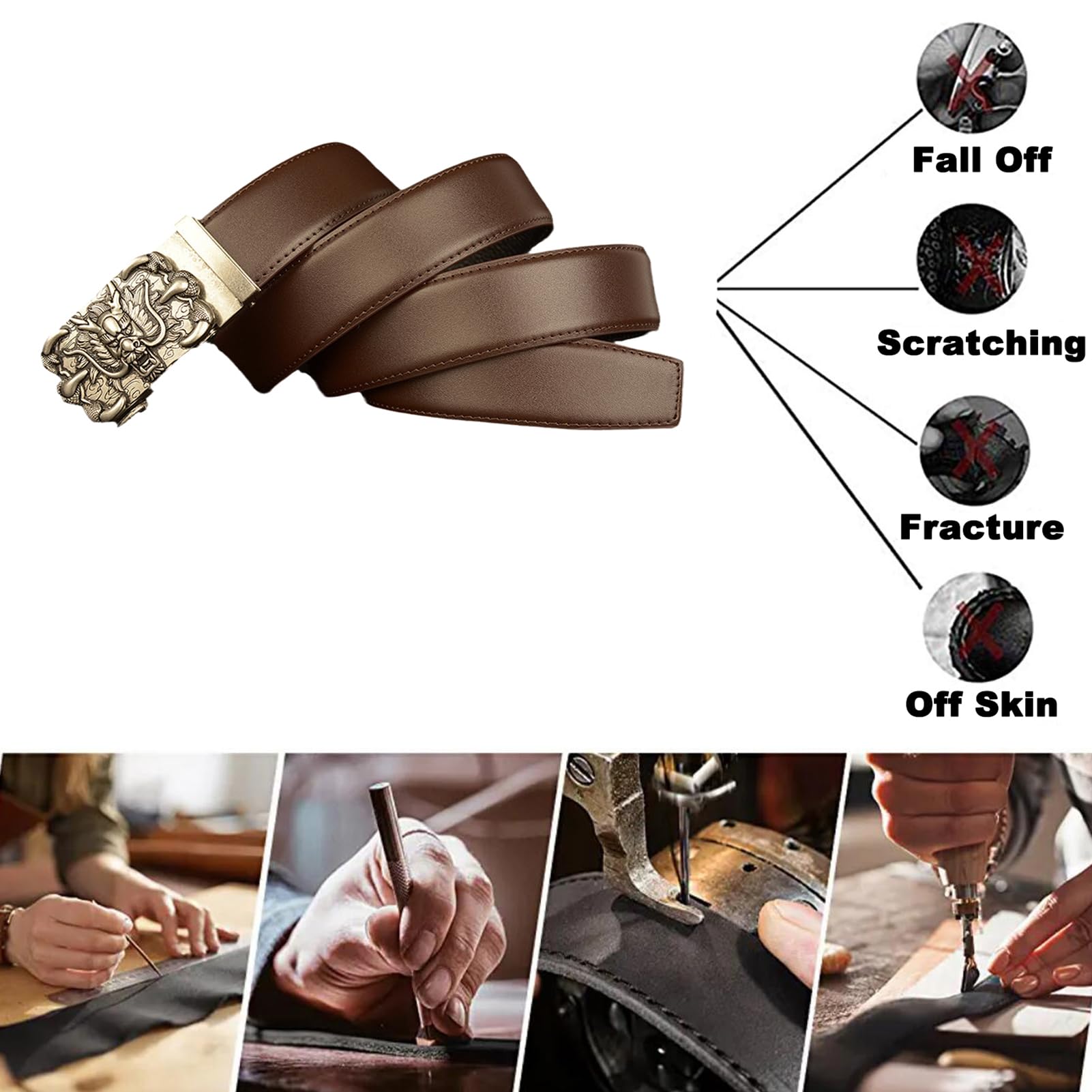 Cinturón De Trinquete Deslizante Clásico Piel Vaca Con Hebilla Automática Dragón Grabado, Ropa Informal Negocios (125 Cm, Se Adapta A Cintura 43 Pulgadas, Marrón)