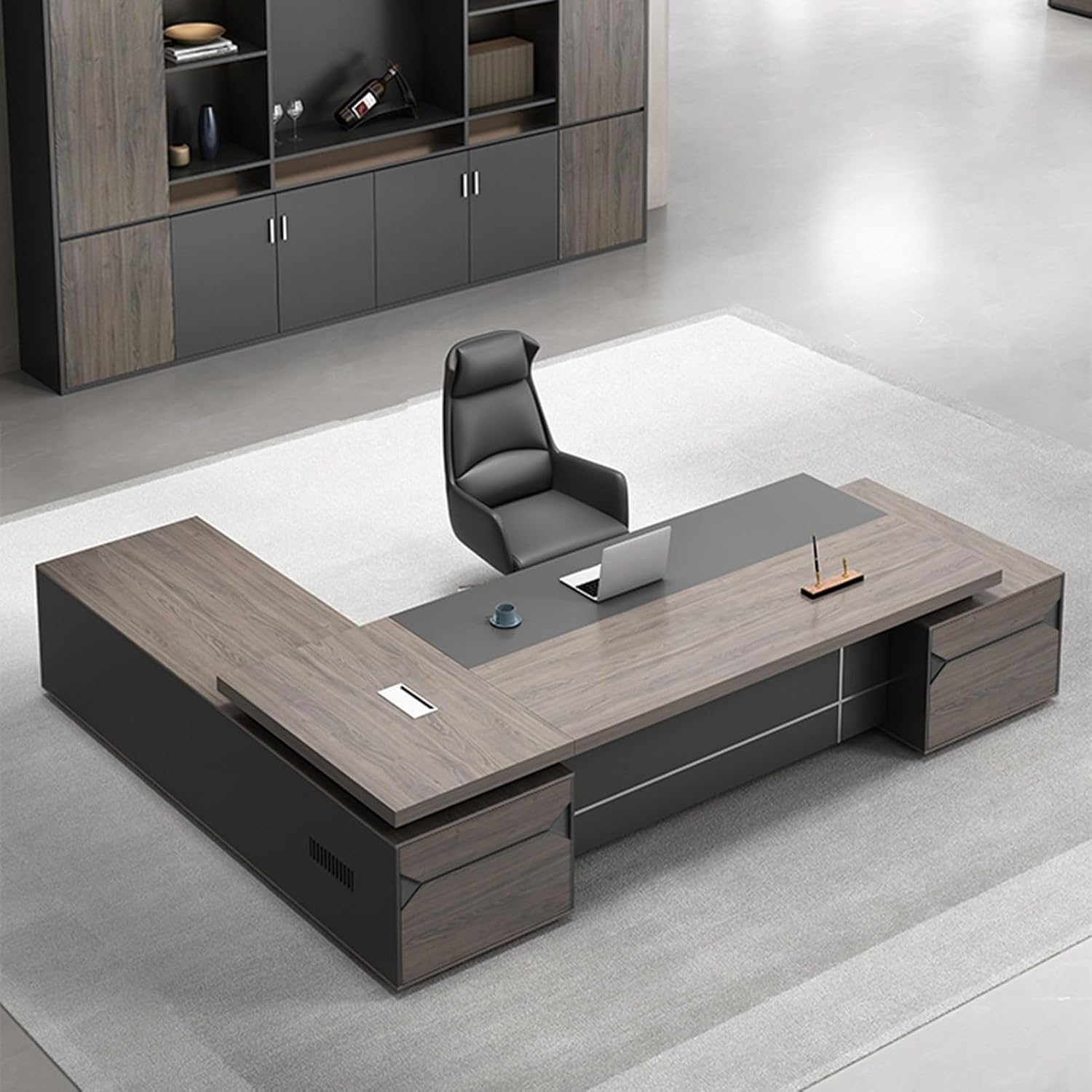 Brown L-Shaped Computer Desk, Executive Office Desk with Lateral Cabinet Study Writing Table Business Furniture Set for CEO Boss