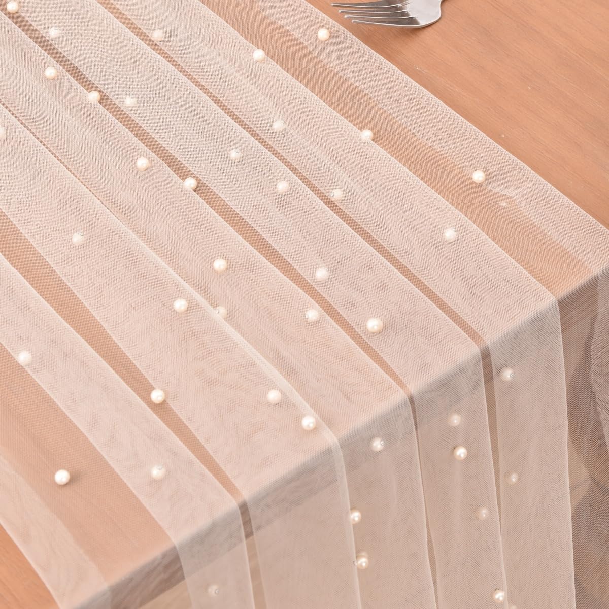 Joanlody Pearl Table Runner Easter 10ft Rustic Boho Tulle Spring Summer Runner with Pearls for Baby Shower Wedding Party Veil Dessert Table Decor Champagne 4pcs