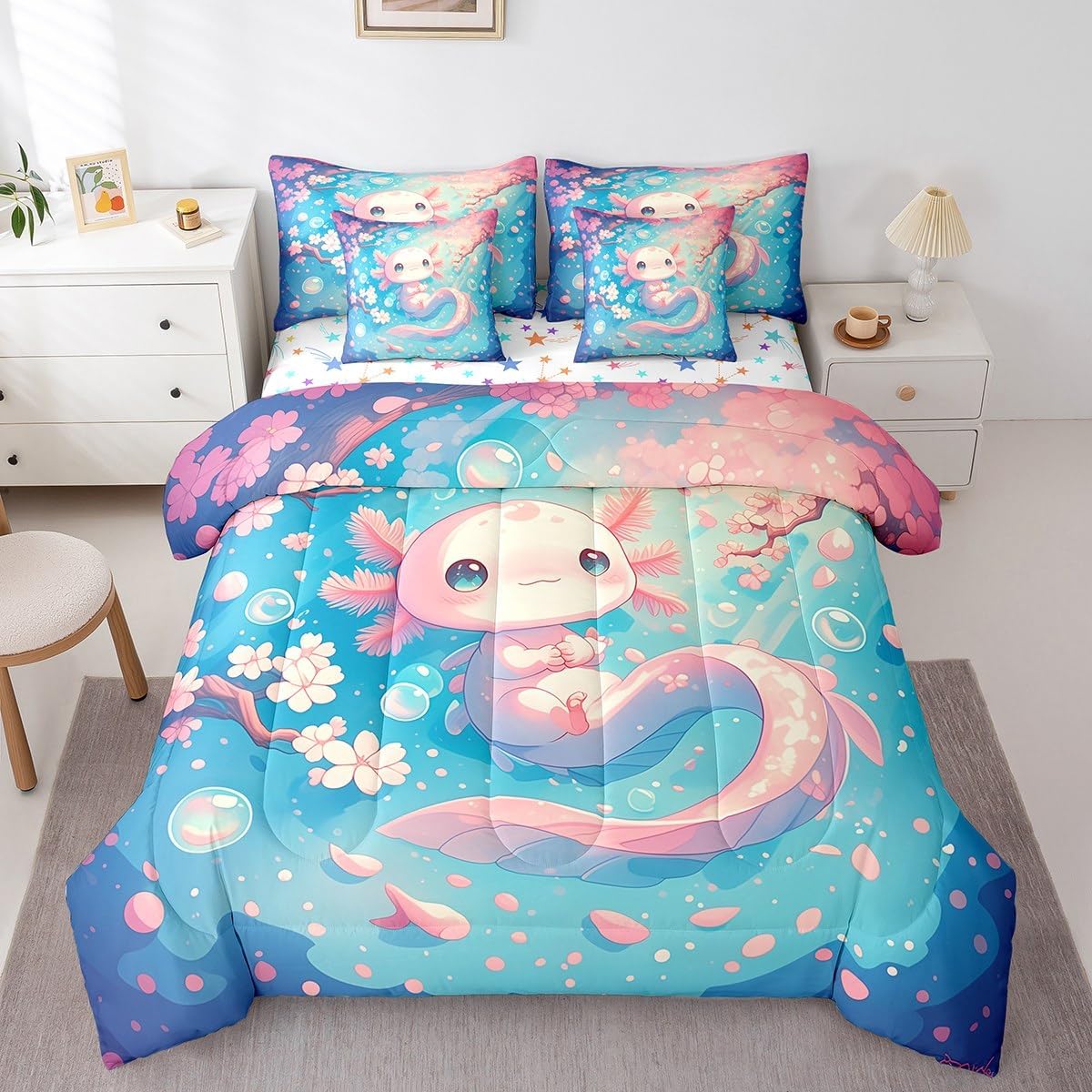 Feelyou Cartoon Axolotl Comforter Set 7 Piece Bed in a Bag Twin,Cherry Flowers Print Bedding Sets Cute Kawaii Salamander Sheet Set with Comforter