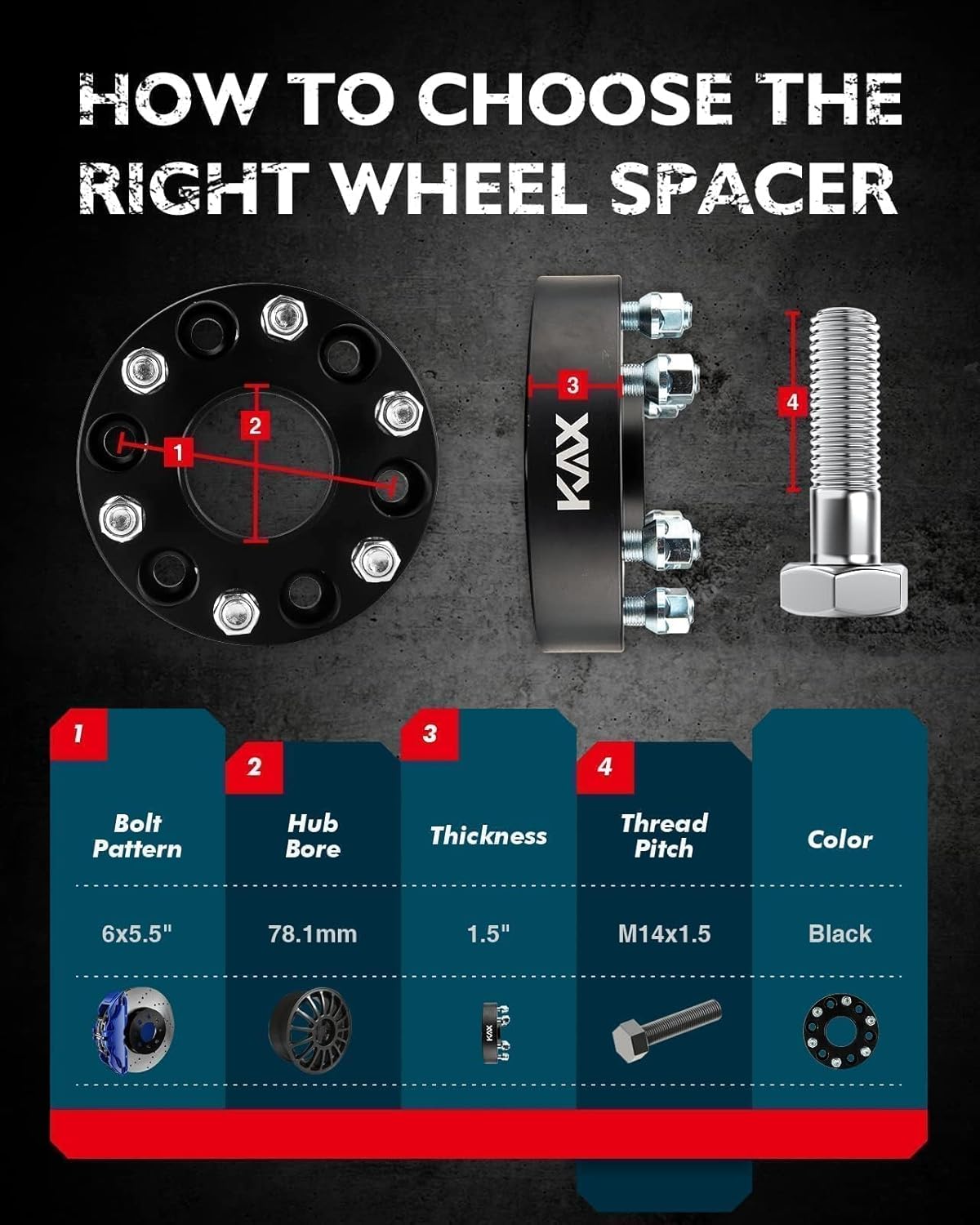 KAX 6x5.5 Wheel Spacers 1.5 inch, Hub Centric Wheel Spacers with M14x1.5 Studs 78.1mm Hub Bore,2Pcs Spacers fit for Silverado 1500, 1500, Sierra 1500, Avalanche 1500, K1500, Tahoe, Escalade