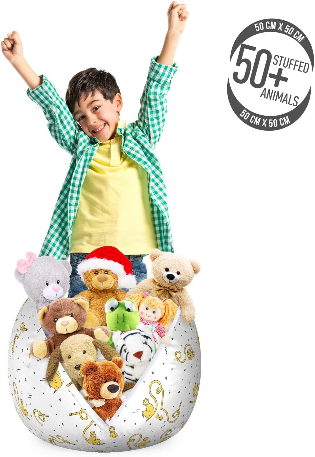 Ambesonne Monkey Storage Toy Bag Chair, Funny Animals with Swirling Tails Among Small Geometrical Shapes, Stuffed Animal Organizer Washable Bag, Small Size, Yellow Black and White