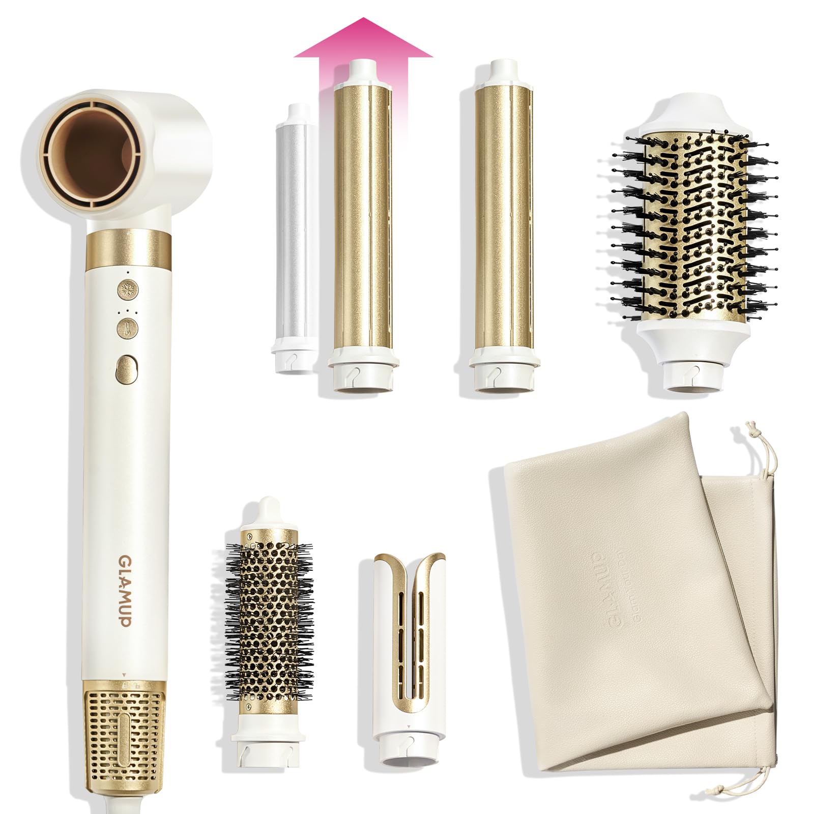 GLAMUP® Aircurler™ 6 in 1 Hot Air Styler, Upgraded Long Barrel, Round Brush, Powerful High Speed Dryer, Tight Grip, Curling Volumizing Gift Set with Travel Bag