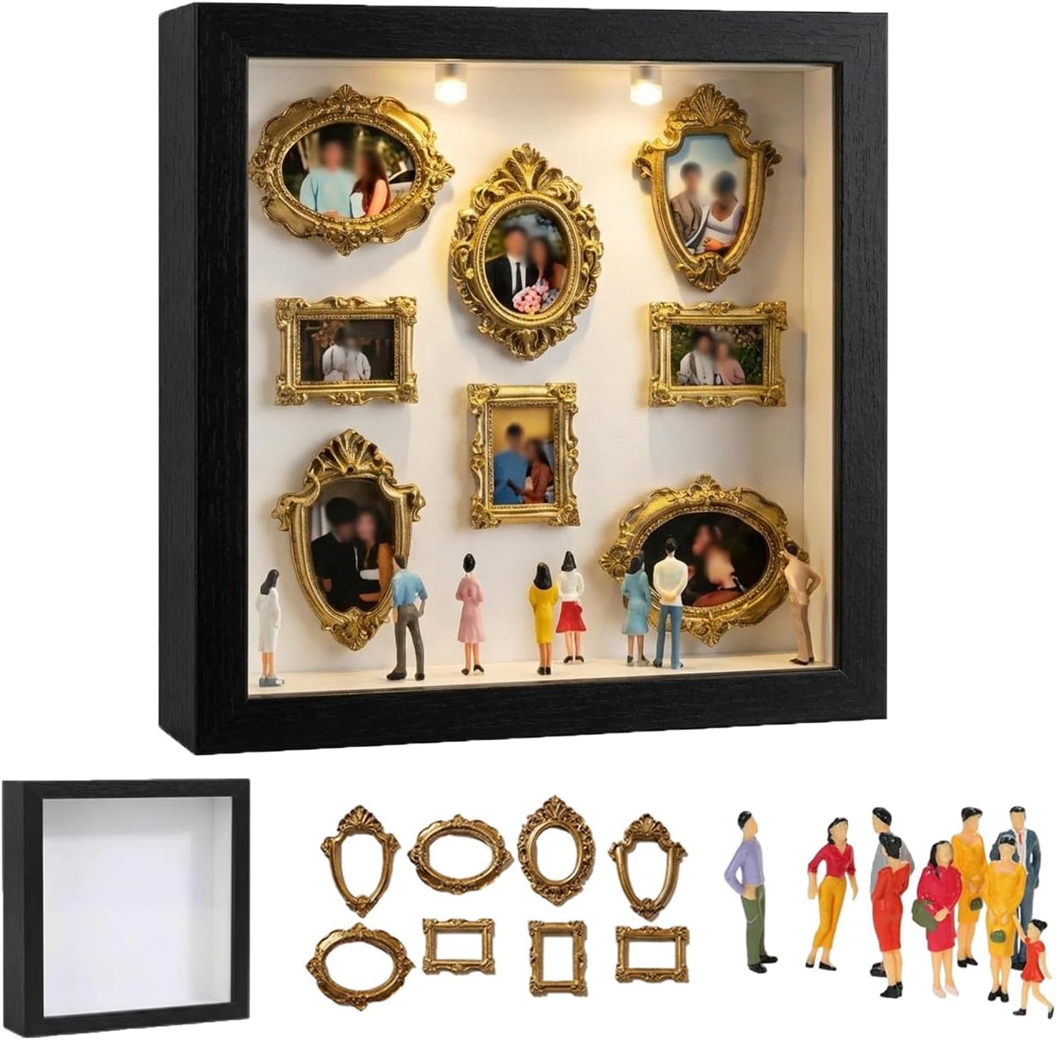 Mini boîte de silhouette de musée DIY avec 8 mini cadres dorés et 8 figurines aléatoires, cadre photo créatif avec lumière LED pour anniversaire, mariage, décoration de la maison