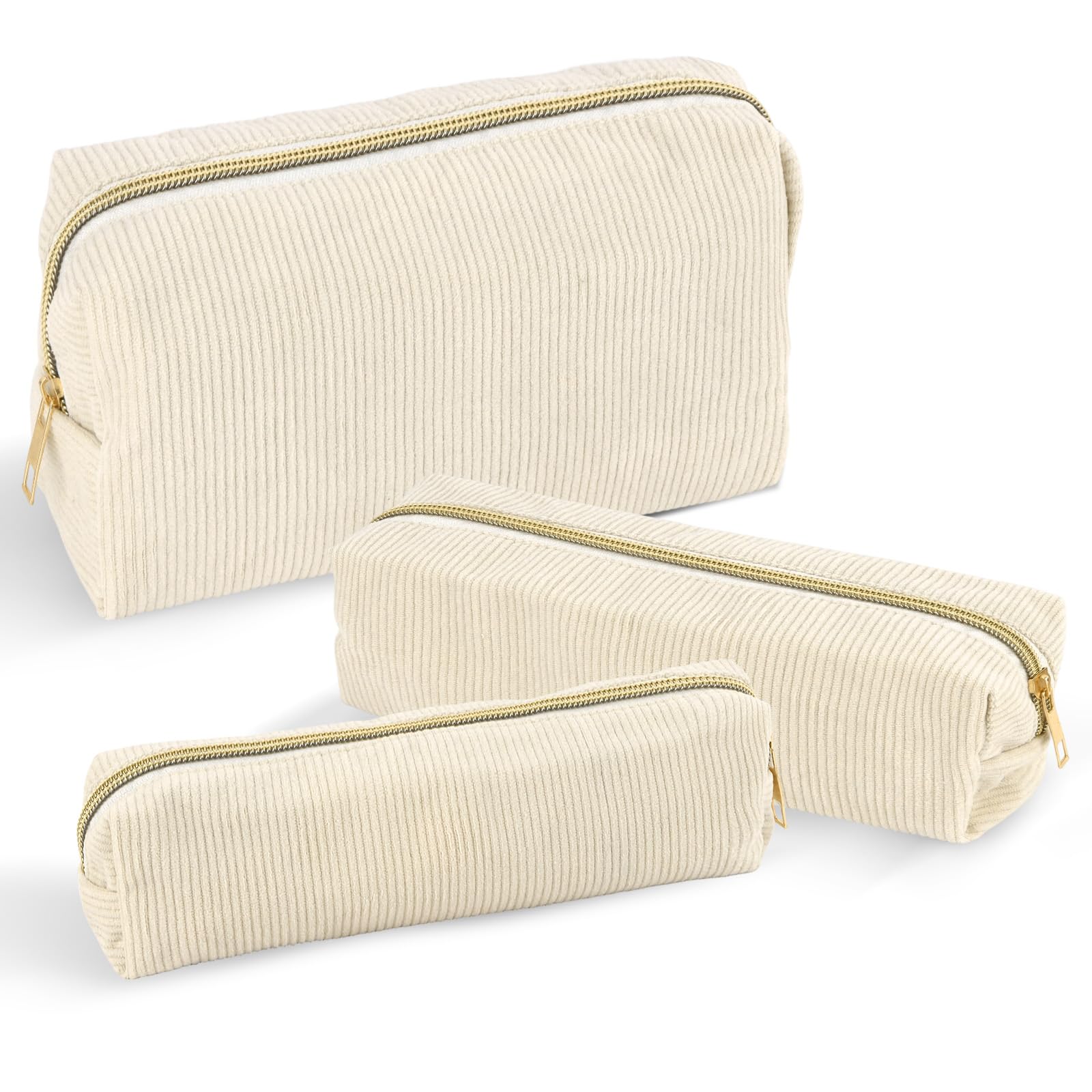 Wanciler 3 Pcs Corduroy Aesthetic Pencil Case Beige Slim Pencil Case with Zipper for Girls Women Small Pencil Pouch Makeup Bag Travel Toiletry Bag for School Office Travel Supplies