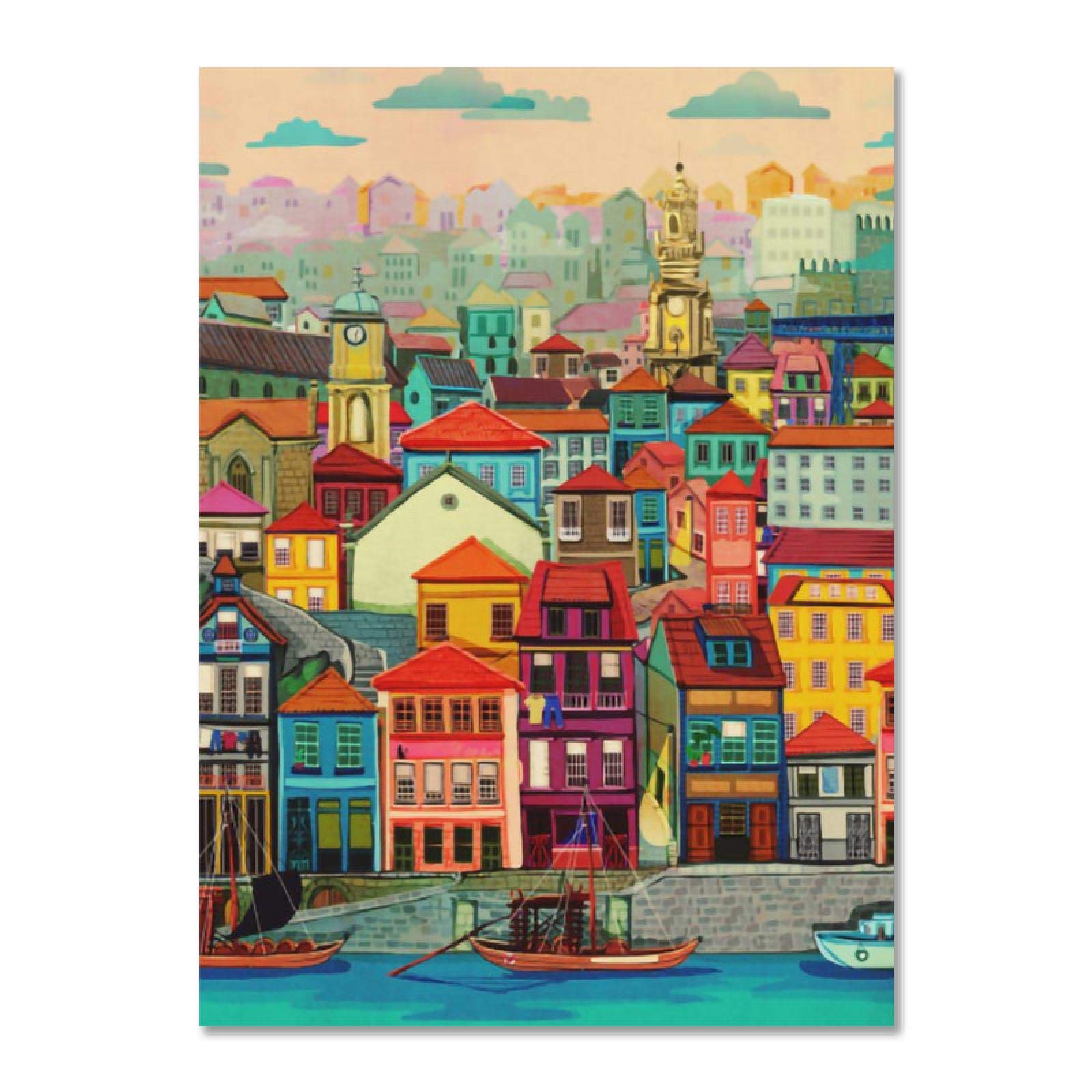 HengYun ART Casa colorata dall'acqua Poster vintage Paesaggio della città Arte nordica Pittura su tela con cornice Arredamento moderno 52x35cm Framework interno