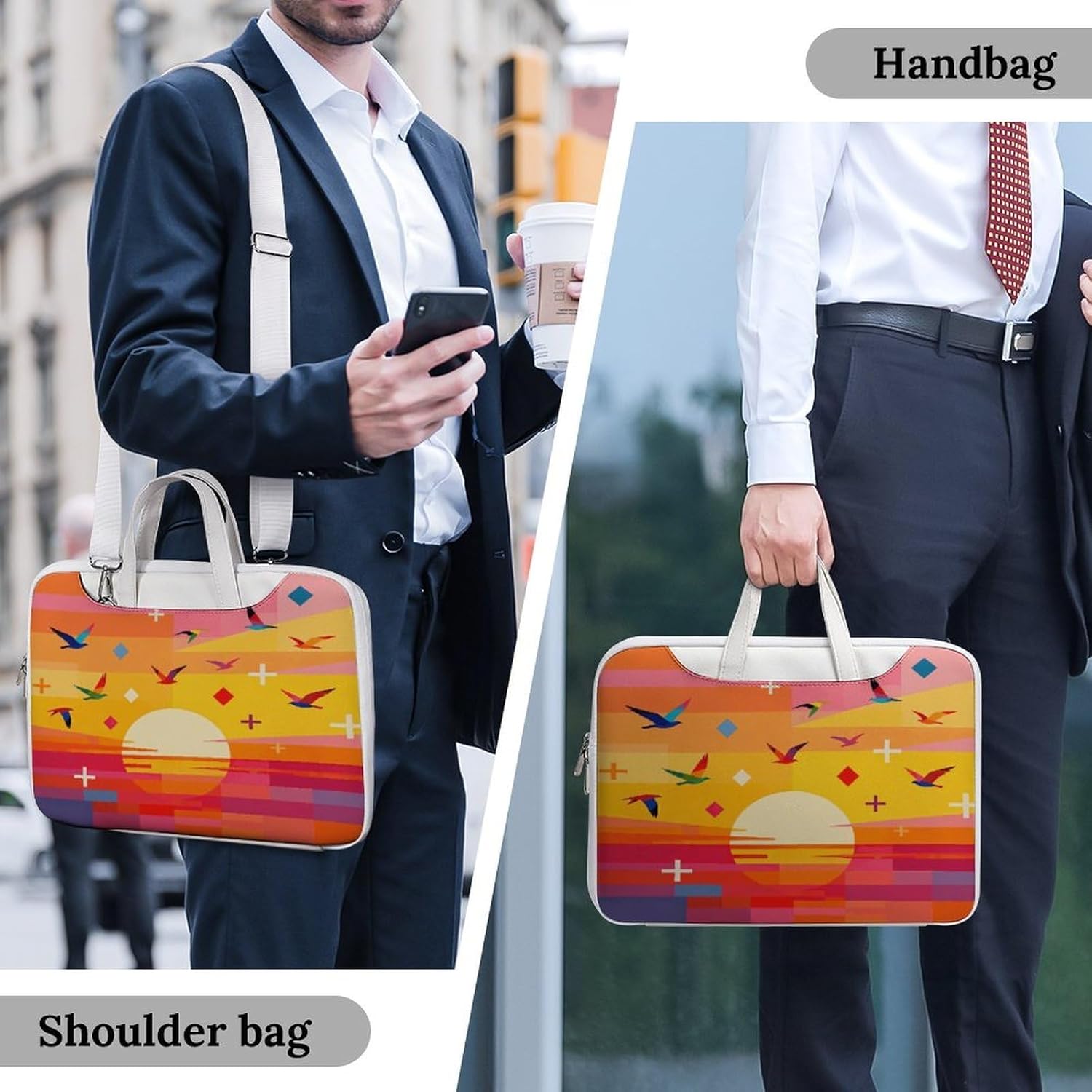 Here Comes The Sun Colorblock Sunset 37x28cm White-style Laptop Bag Leather Tablet Computer Briefcase Large Capacity Work Business Tote Bags for Office