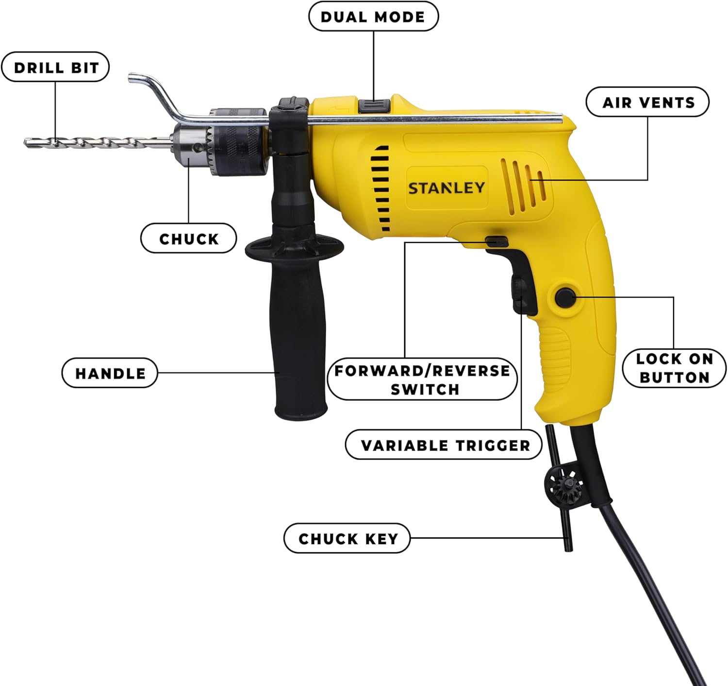 STANLEY SDH600KM-IN 600W 13mm Drill Machine with Mechanical Toolkit for Home, DIY & Professional Use (120-Pieces) - Includes Hammer Drill, Hammer & Measurement Tape, 1 Year Warranty, YELLOW & BLACK