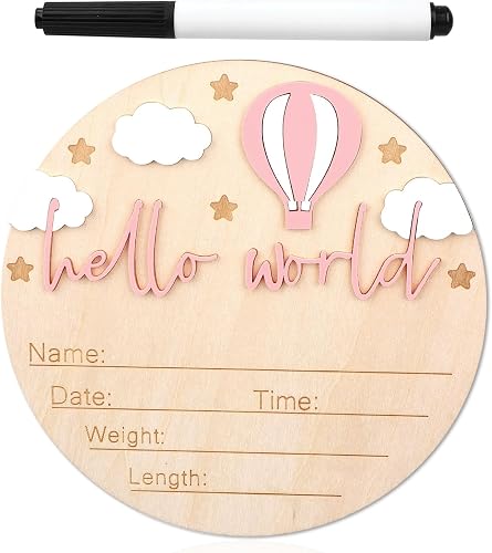 Gosknor Wooden Baby Announcement Sign, Hello World Newborn Sign Welcome Baby Name Plaque for Home Hospital Nursery Newborn Gift (Pink)