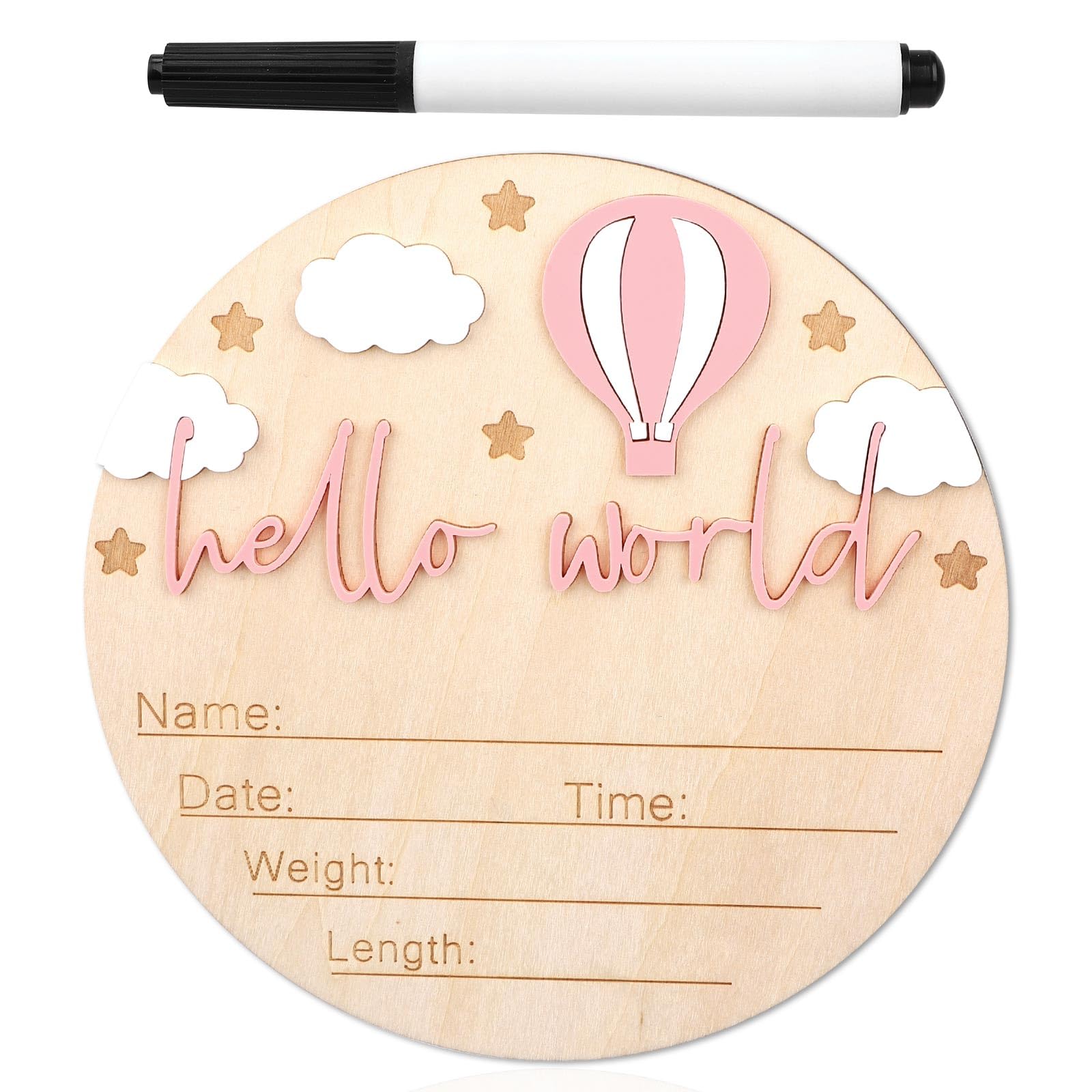 Gosknor Wooden Baby Announcement Sign, Hello World Newborn Sign Welcome Baby Name Plaque for Home Hospital Nursery Newborn Gift (Pink)