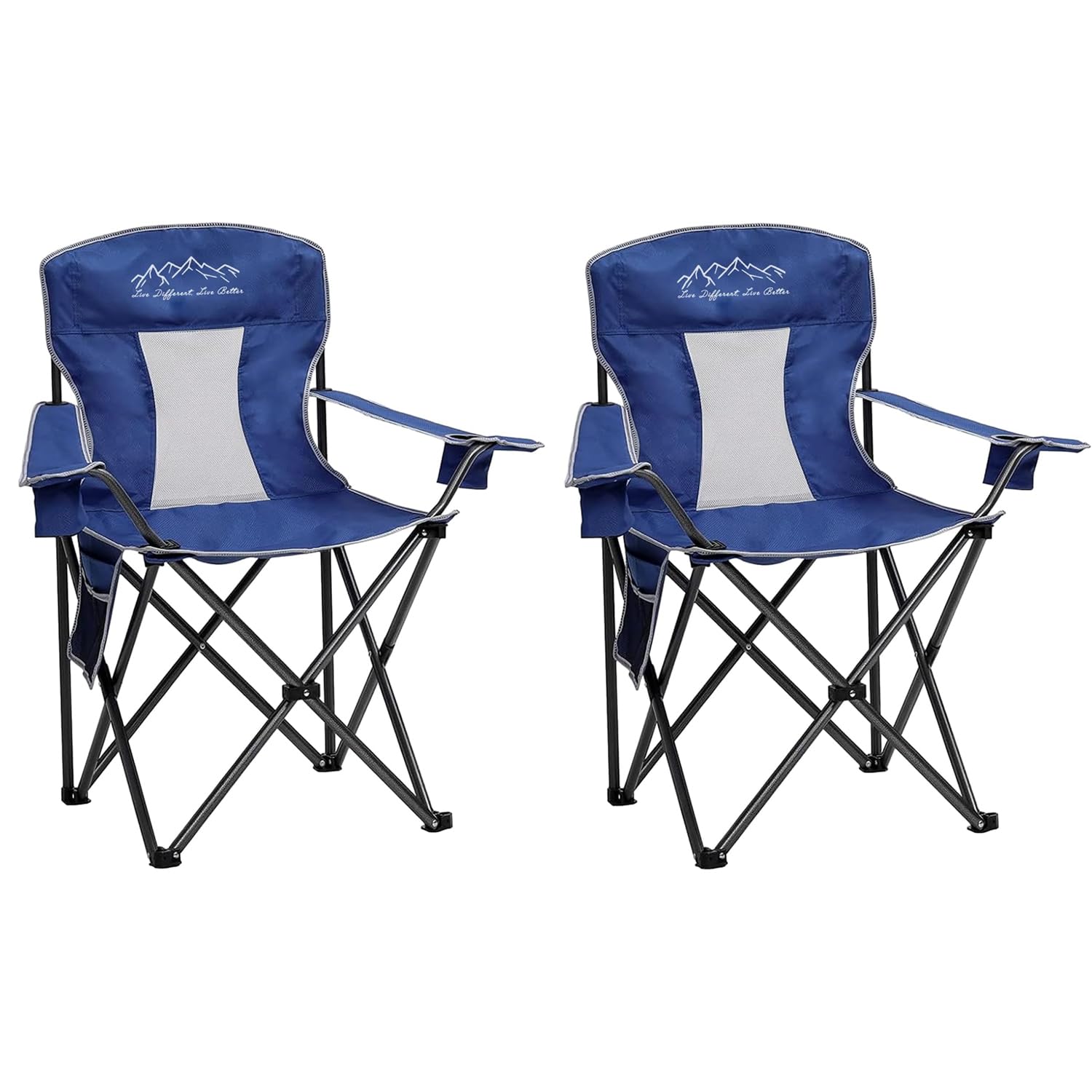 2PCS Collapsible Folding Camping Chairs Heavy Duty Lawn Foldable Chair with Cooler Bag, Storage Pocket, Waterproof Bag Outdoor Arm Sport Chair, Supports 325LBS, Blue