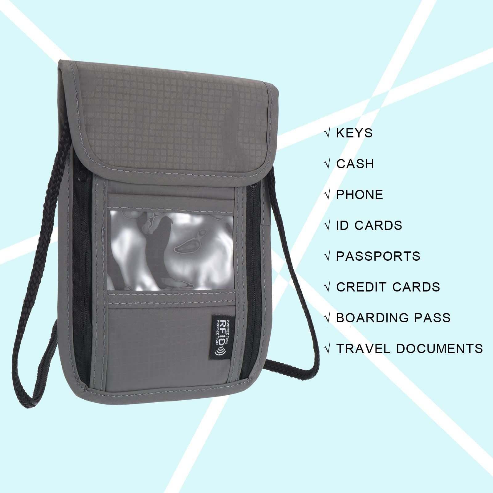 PATIKIL Collo Portafoglio Viaggio Borsetta, 2pz Passaporto Portafoglio RFID Blocco Impermeabile Collo Borsetta con Regolabile Cinturino per Donna e Uomo, Grigio