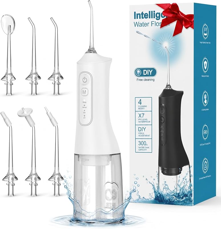 Water Flosser, Rechargeable 300ML IPX7 Waterproof Cordless Portable Oral Irrigator with 4 Modes & 6 Replaceable Jet Tips-Professional Flossing Cleaner for Daily Home Use,Travel,Gums,Braces Care-White