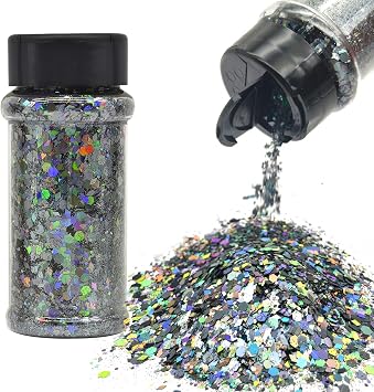 Dark Silver - Holographic Craft Glitter - 2oz Glitter Shaker Bright Colorful Mix Chunky Body Glitter Bulk - 24 Colors in Shaker, Cosmetic Grade Glitter - EBLB1002