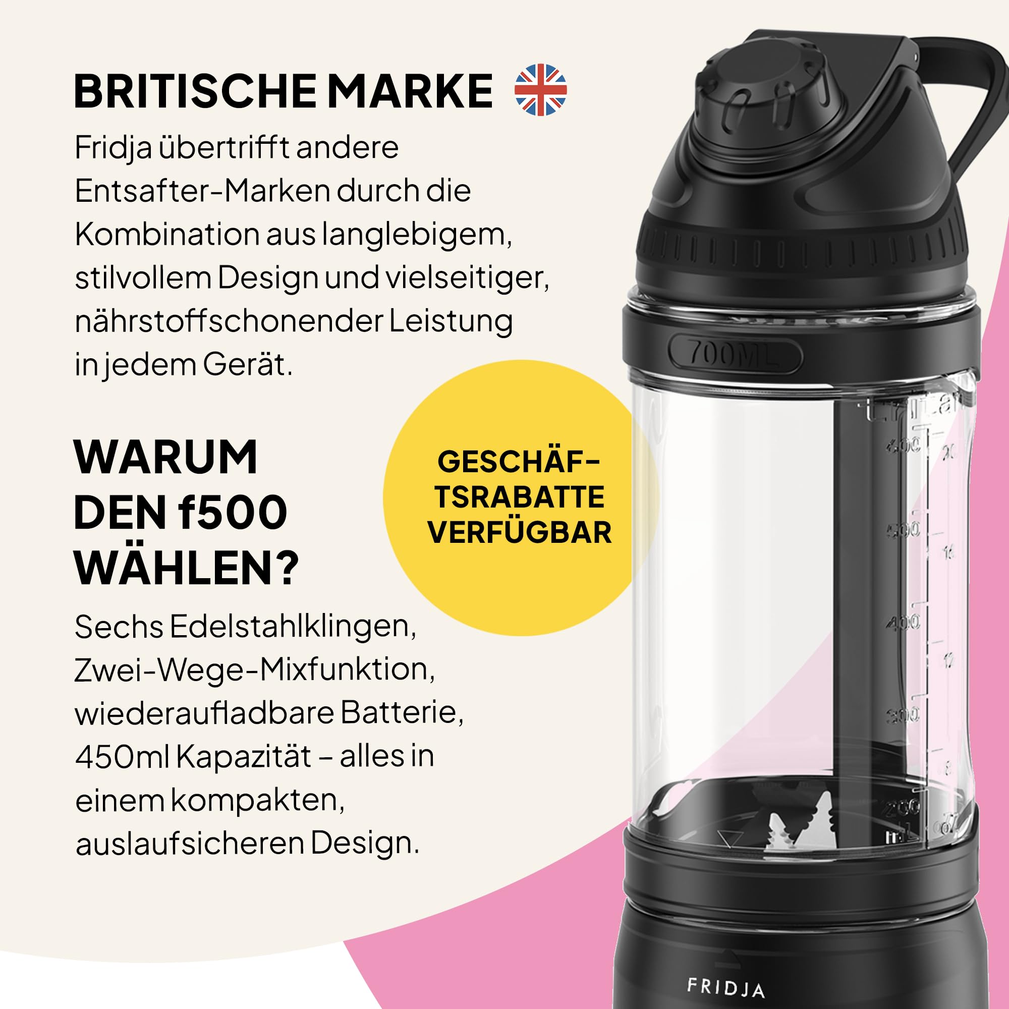 Fridja F500 Tragbarer Mixer – Premium USB-C wiederaufladbar, auslaufsicher & kompakt – BPA-frei, 6 gezackte Edelstahl-Klingen, 240W, 700 ml – Ideal für Smoothies, Proteinshakes, Reisen & Fitnessstudio