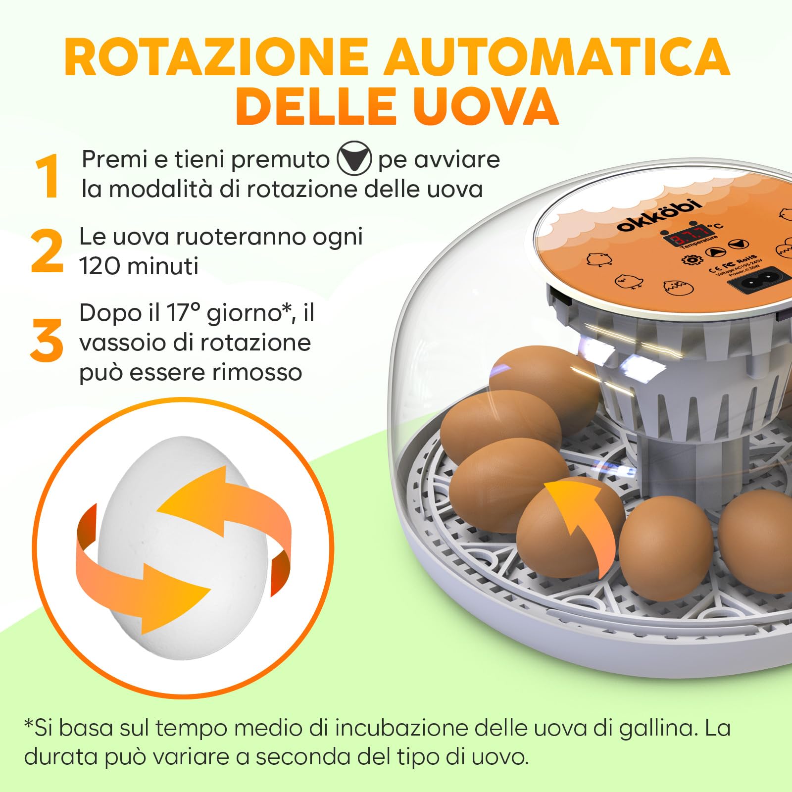 Okkobi M12 - Incubatrice per uova automatica con Girauova Automatico e Controllo Umidità - Incubatrice uova gallina - 12/24 uova, vista a 360°, facile da usare e pulire - Bianco e arancione