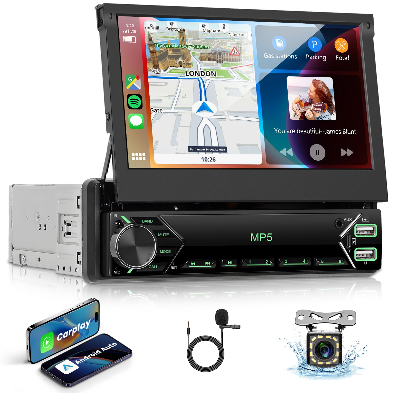 VECHTEL Autoradio 1 Din con wired Carplay Android Auto, Schermo Tattile Pieghevole da 7 Pollici IPS Bluetooth Stereo Auto, Radio FM, Mirror Link, USB, SWC, Mic, Telecamera Posteriore