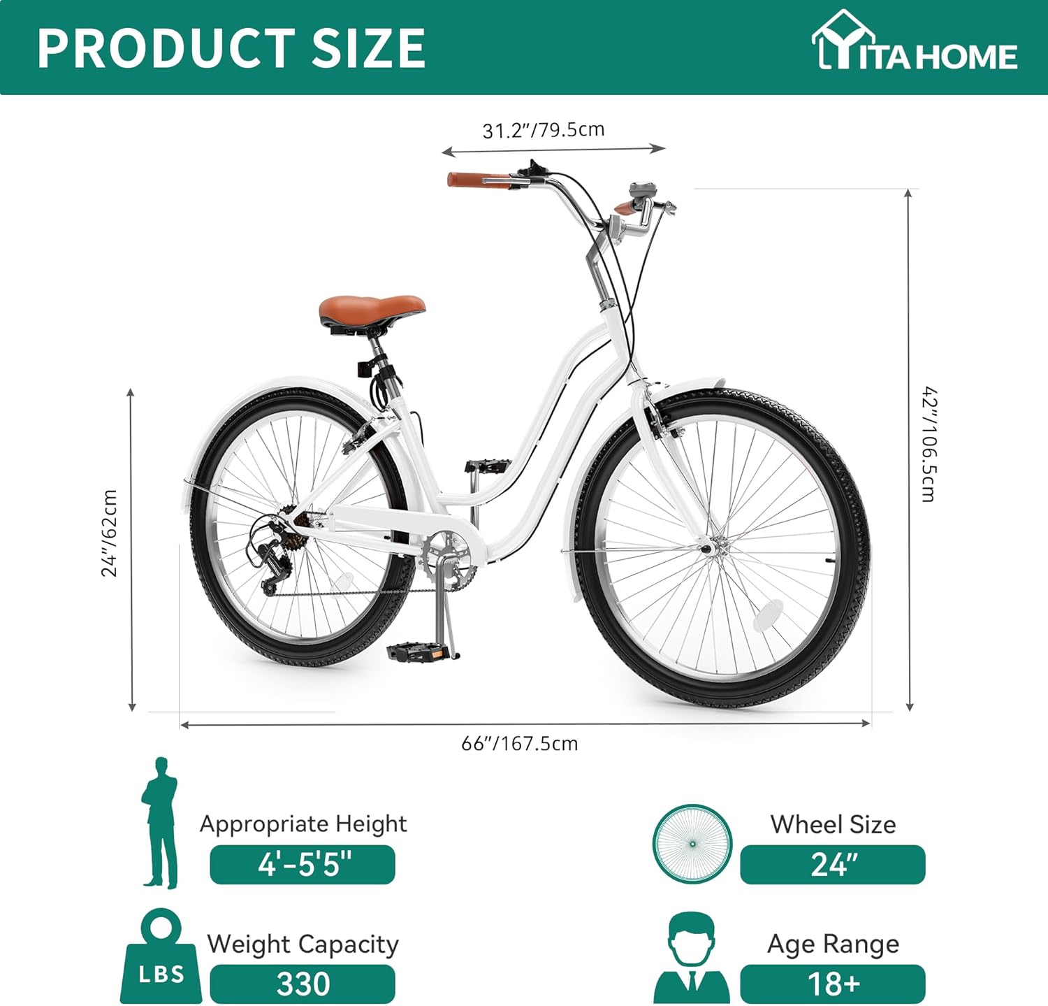 YITAHOME 24 & 26 Inch Beach Cruiser Bike, 7 Speed & Single Speed Commute Bike, Step-Through Bicycle for Adult Women & Men, Steel Frame Cruiser Bike with Full Front & Rear Fenders