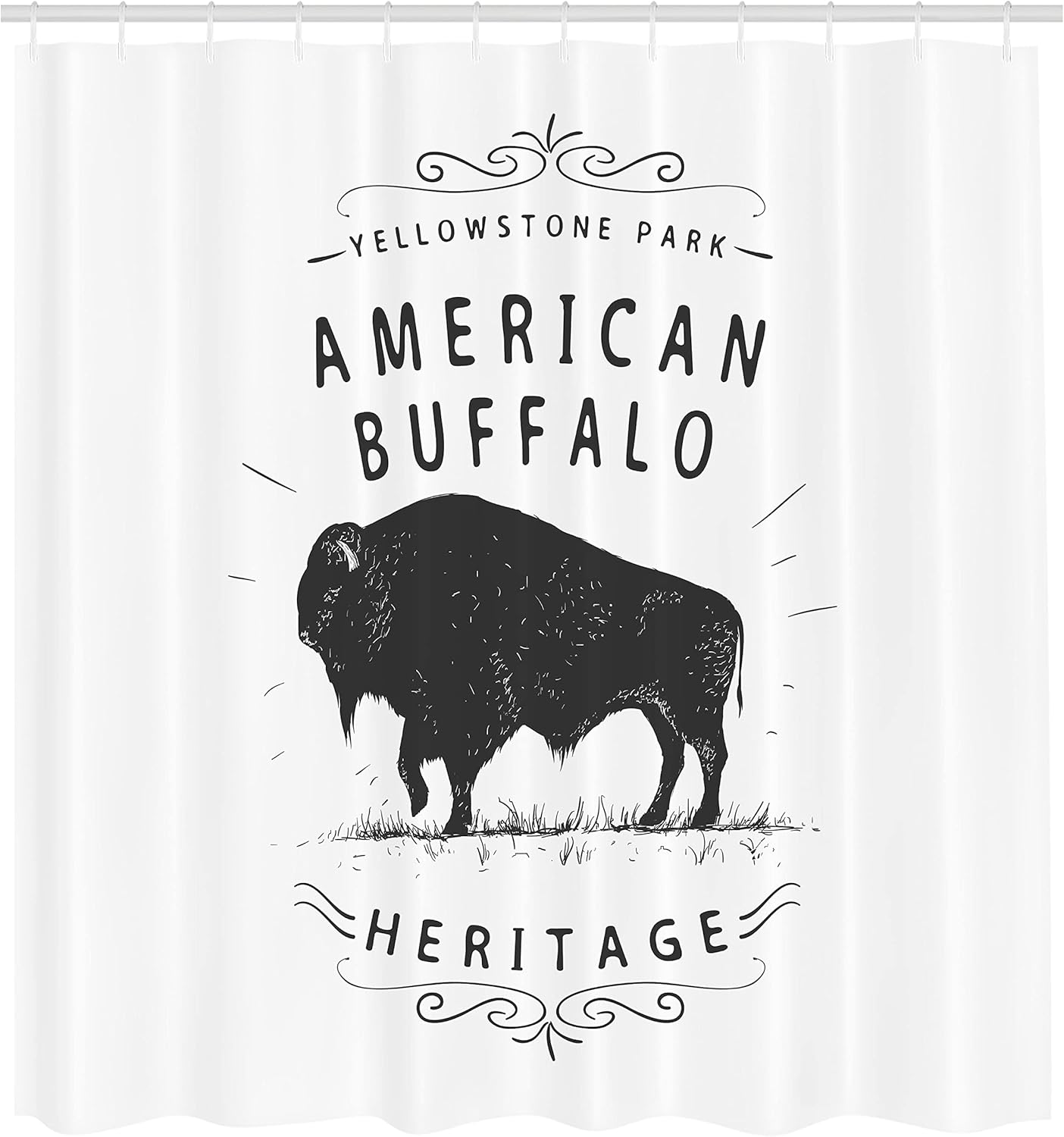 Ambesonne Buffalo Shower Curtain, Heritage Animal American Bison Yellowstone National Park Plain Background, Cloth Fabric Bathroom Decor Set with Hooks, 69" W x 70" L, Charcoal Grey White