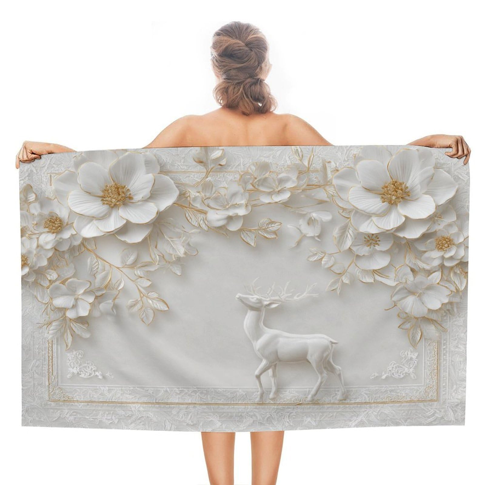 LSRCPD White Flowers And Deer Beach Towel Sand Free Microfiber Large Shower Towels Multipurpose Absorbent for Bathroom Pool 130x80 CM