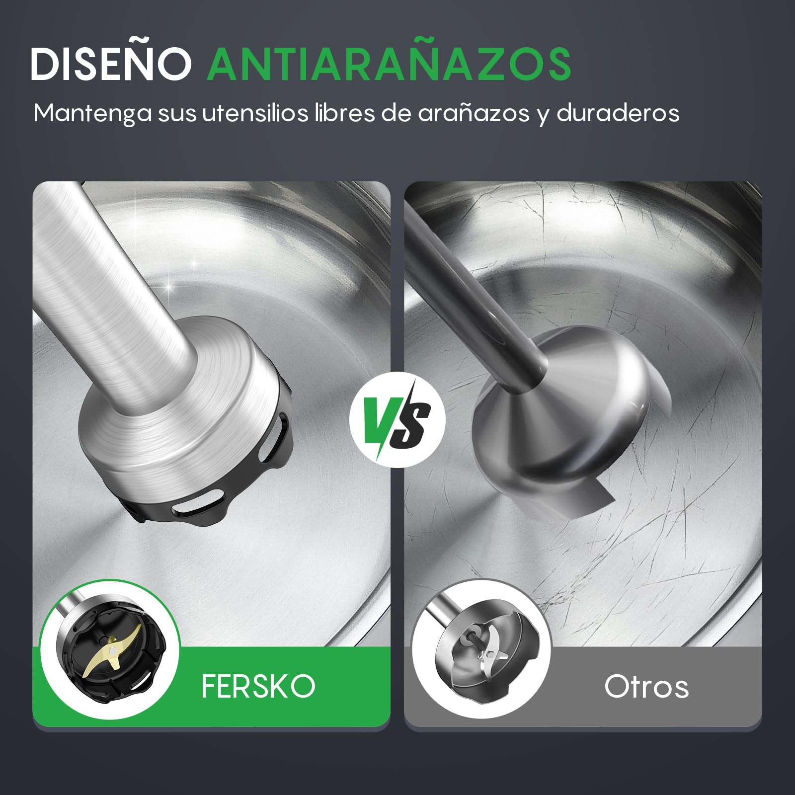 FRESKO Batidora de Mano, 1000W Minipimer, Velocidad Graduable | Acero Inoxidable con Protector para Ollas, 5 Accesorios, Batidora para Alimentos de Bebé, Sopas, Smoothies, Purés, Salsas