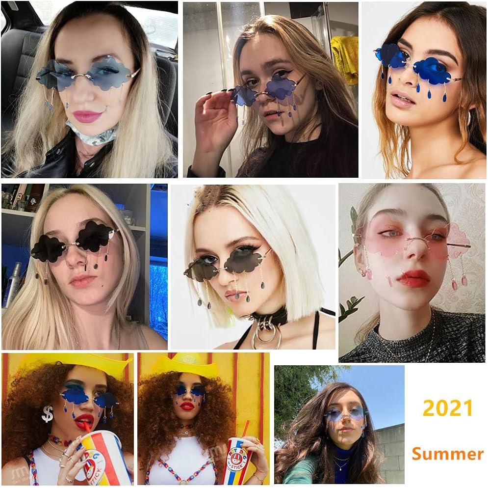 LASPOR Retro Rimless Sunglasses for Women Men Vintage Metal Frameless Cloud Glasses Raining Crystal Pendant UV400 Protection - Image 2