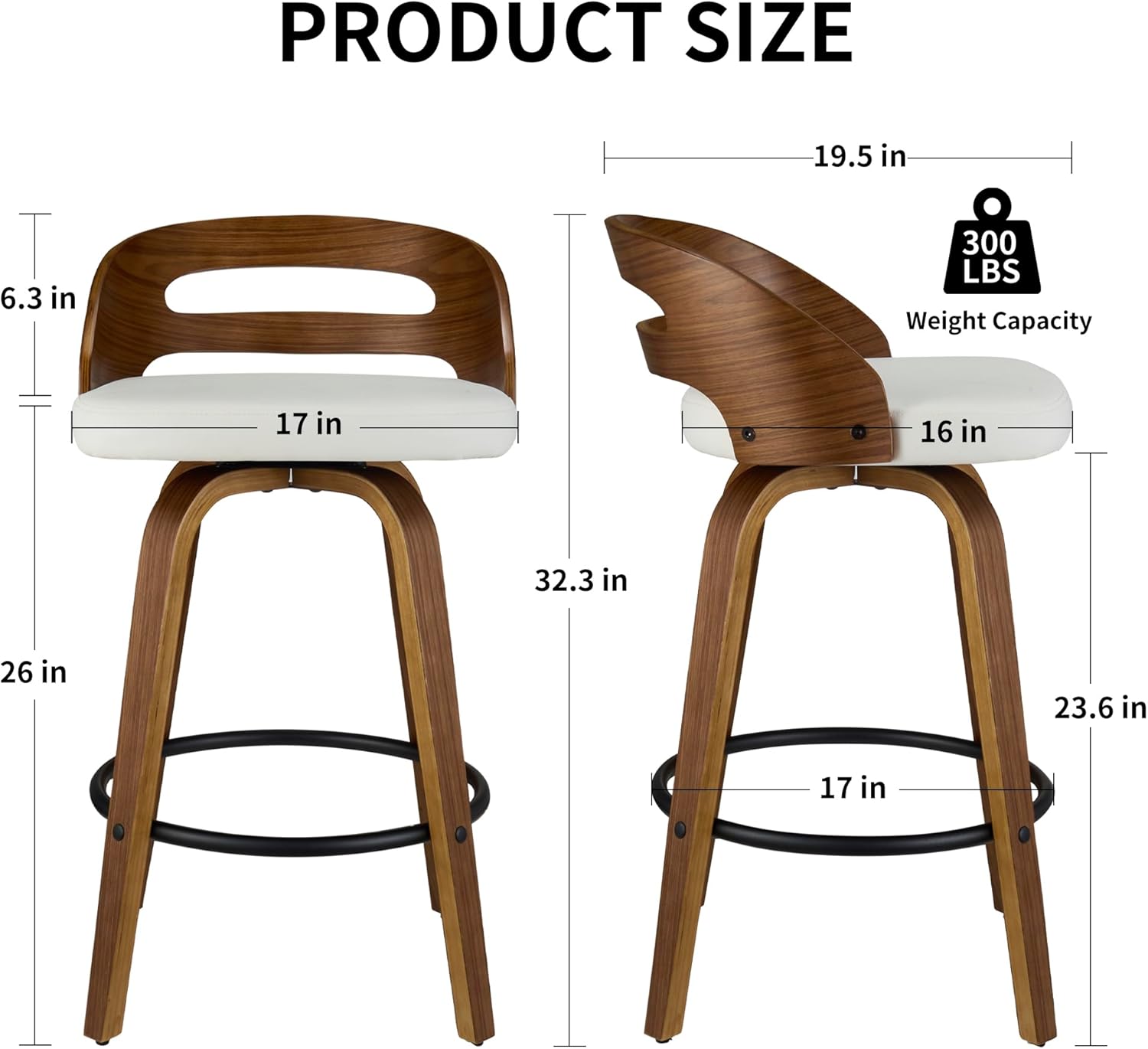 VipDesk 26" Swivel Bar Stools Set of 2, Mid-Century Modern Counter Height Chairs with Beige PU Leather, Curved Backrest & Footrest for Kitchen Island, Home Bar, Dining Room