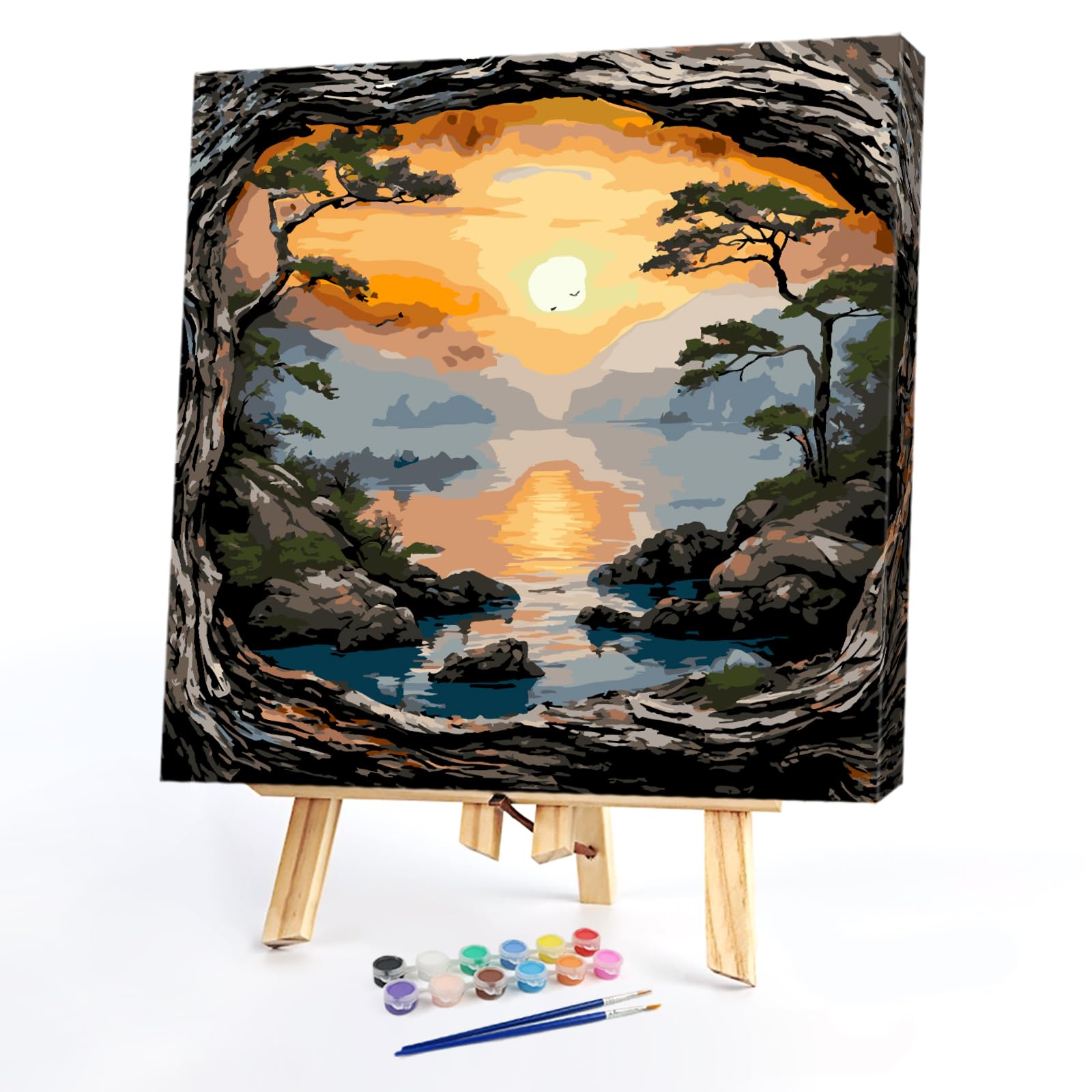 POETRYDRAW Cove Sunset DIY Paint By Numbers Kit on Canvas 35x35cm with Frame Oil Painting Kit by Numbers for Beginners Adults Gift Home Wall Decor (Cove Sunset)