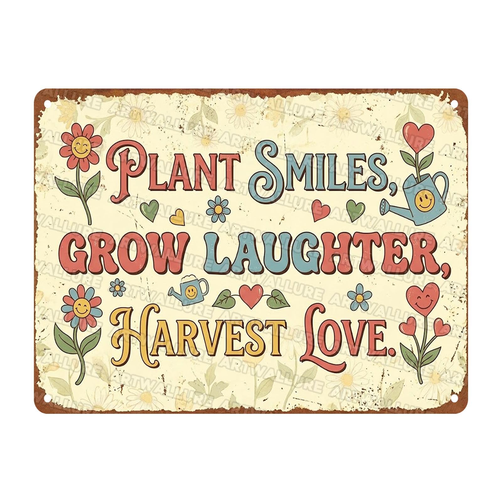 Garden Metal Tin Sign Retro Plant Smiles Grow Laughter Harvest Love Hippie Boho Floral Wall Decor Inspirational Quote Art for Family Sunroom Greenhouse Nursery Backyard Decor 12x16Inch