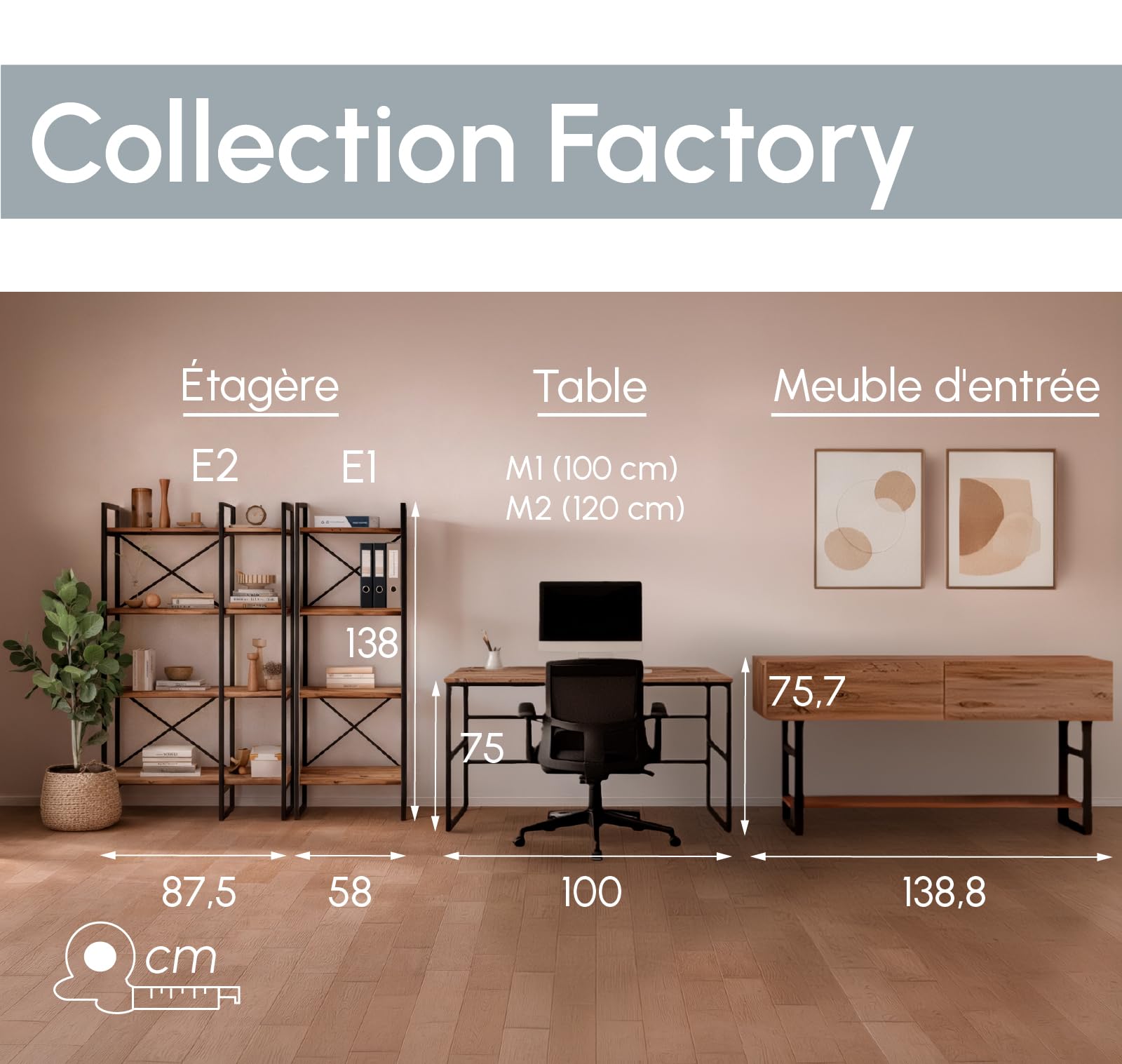 MB Muebles Bonitos, Meuble d’Entrée Factory R1 Design Industriel, Console pour Entrée, Structure en Acier Noir Mat, Mélamine Couleur Pin Atlantique, 139x75x43 cm